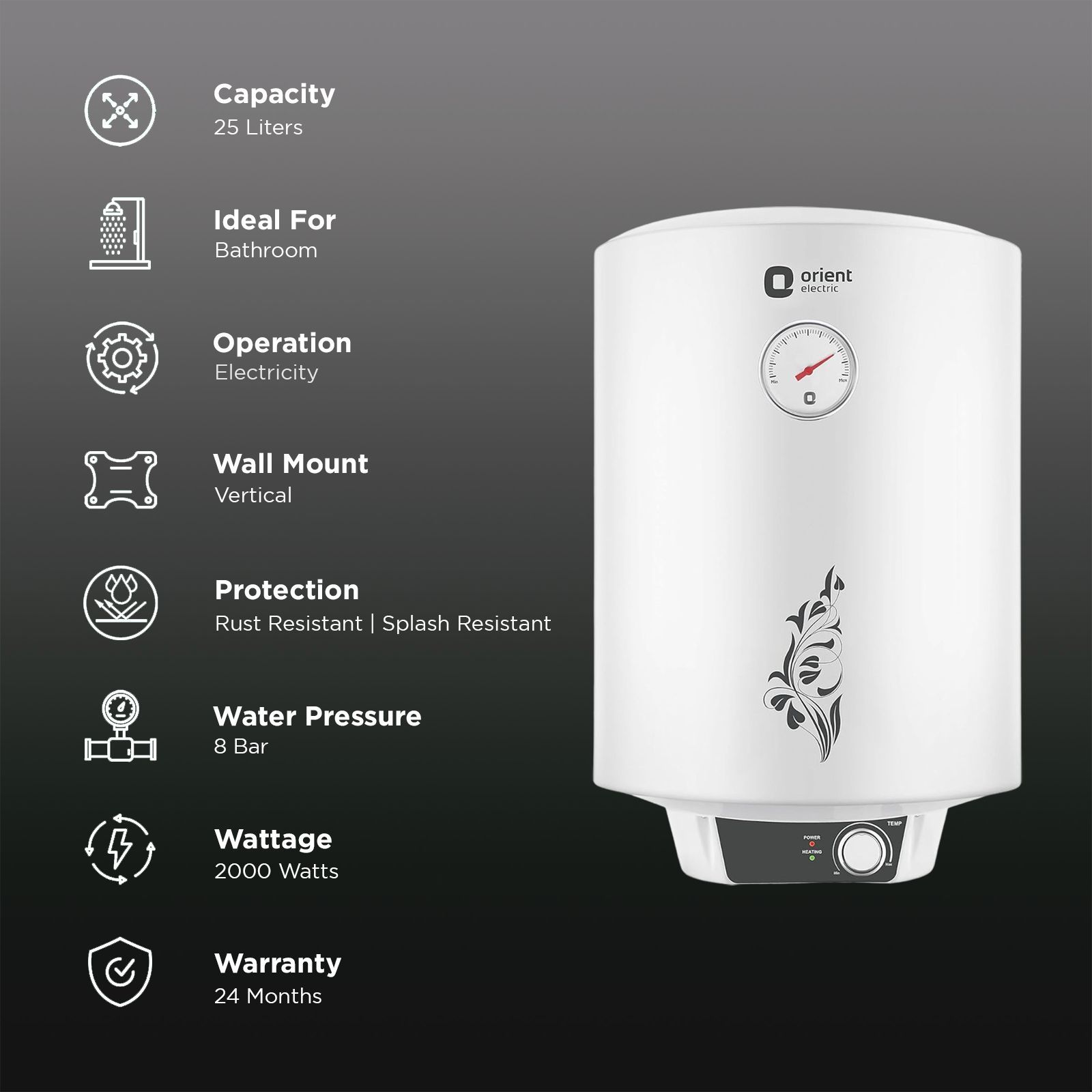 Orient Urja Plus 25 Litre 4 Star Vertical Storage Geyser with Glassline Coated Steel Tank (White and Black)_3