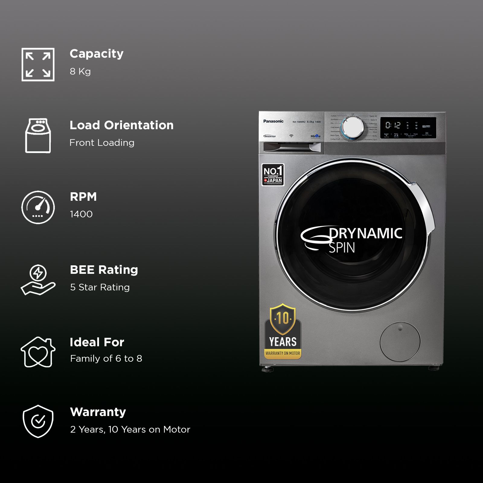 Panasonic 8 kg 5 Star Wi-Fi Fully Automatic Front Load Washing Machine (NA-148MR2L01, In-built Heater, Dark Silver)_2