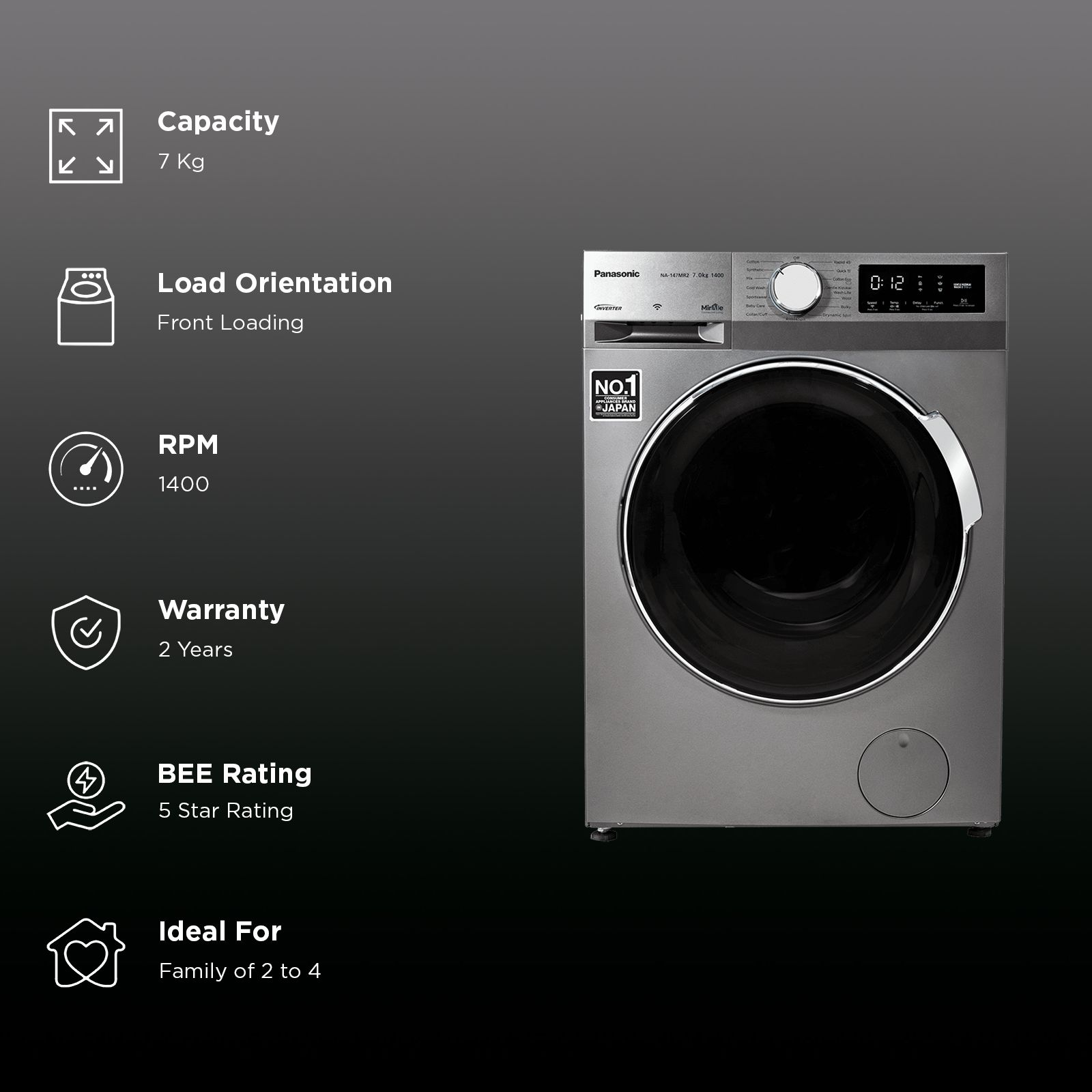 Panasonic 7 kg 5 Star Fully Automatic Front Load Washing Machine (NA-147MR2L01, Active Foam System, Dark Silver)_3