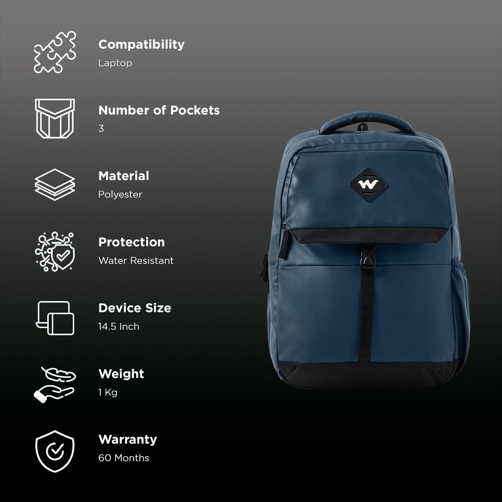 WILDCRAFT Casper Pro 1 Nylon Laptop Backpack for 14.5 Inch Laptop (Water Resistant, Blue)_2