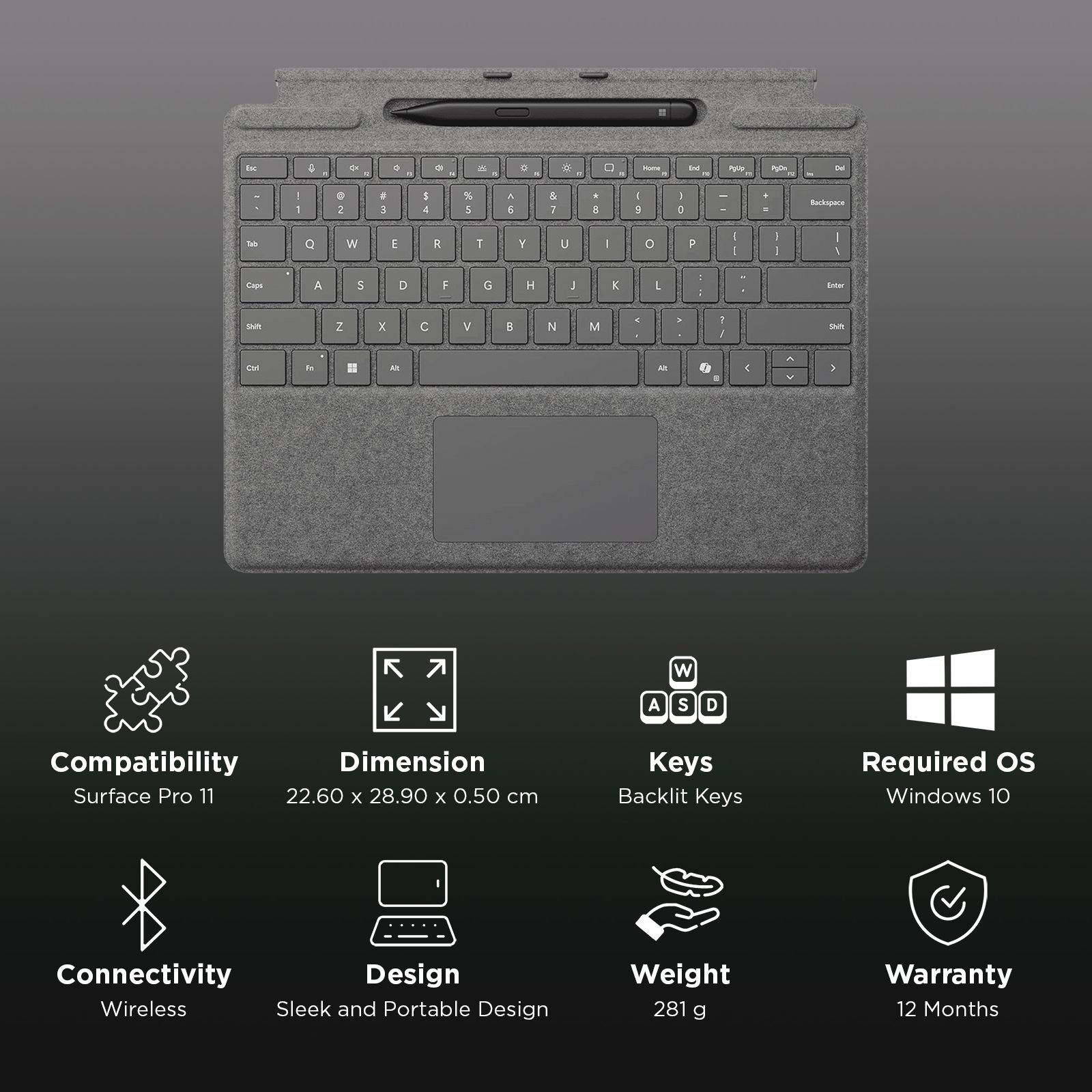Microsoft EP2-01831 Wireless Keyboard Case for Surface Pro (11th Gen) with Slim Pen (78 Backlit Keys, Platinum)_3