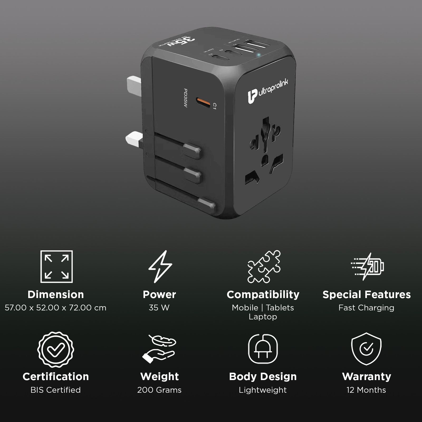 ultraprolink Travel Mate PD35 3 Plugs Travel Adapter (Worldwide Connectivity, UM1187, Black)_2