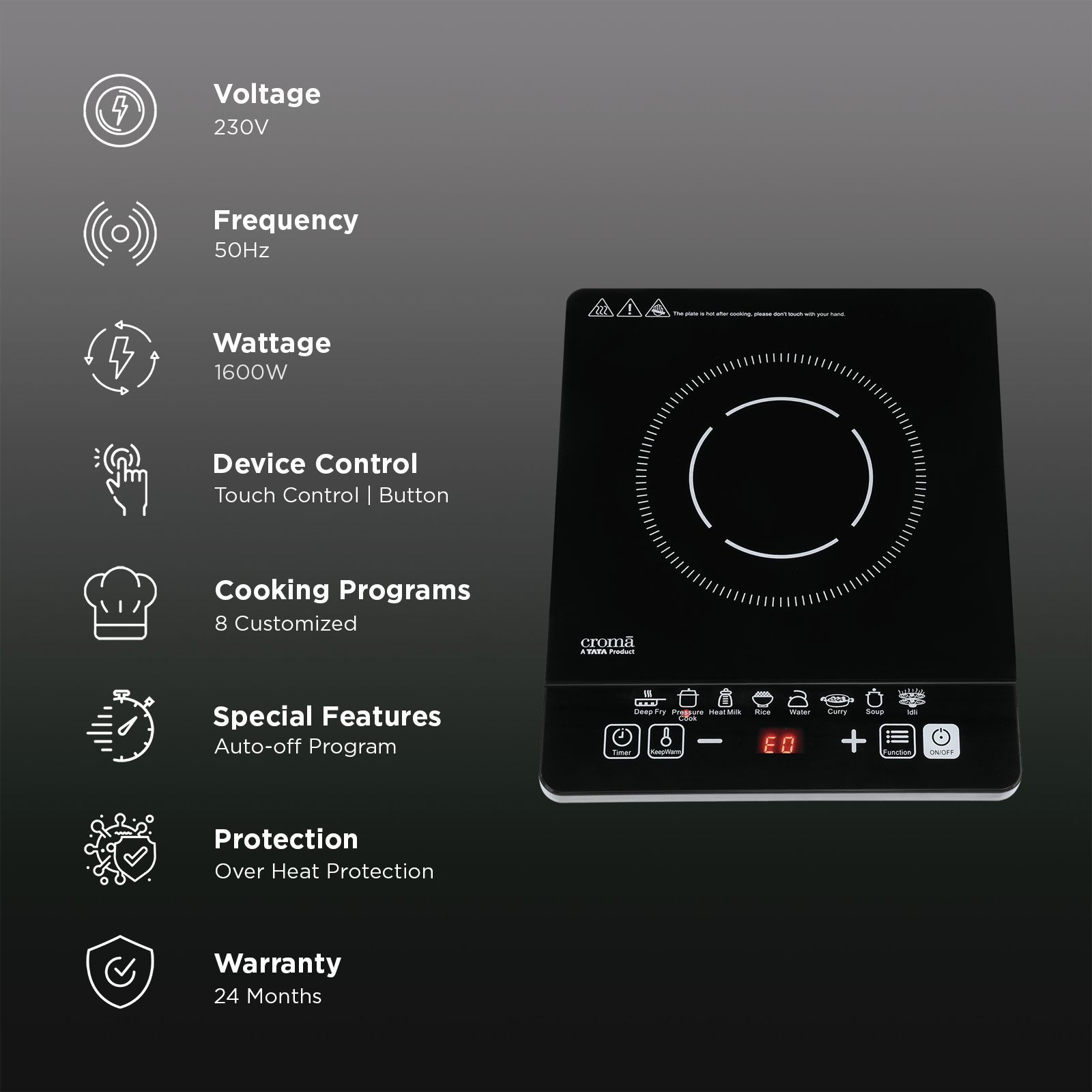 Croma 1600W Single Induction Cooktop with 8 Preset Menu_3