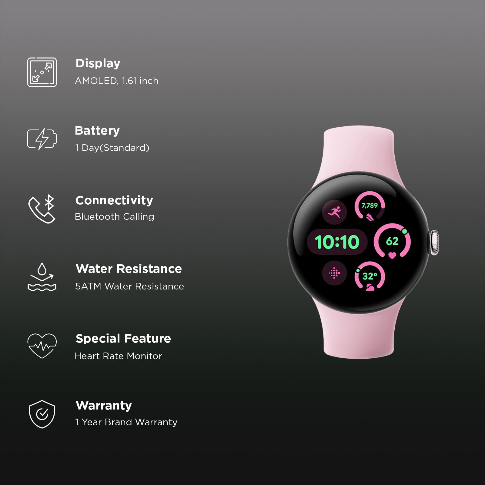 Google Pixel Watch 3 Wi-Fi+Bluetooth Wear OS 5.0 Smartwatch (41mm AMOLED Display, Snapdragon W5 Gen 1 Cortex-M33 co-processor, Fall Detection, Rose Quartz Active Band)_2