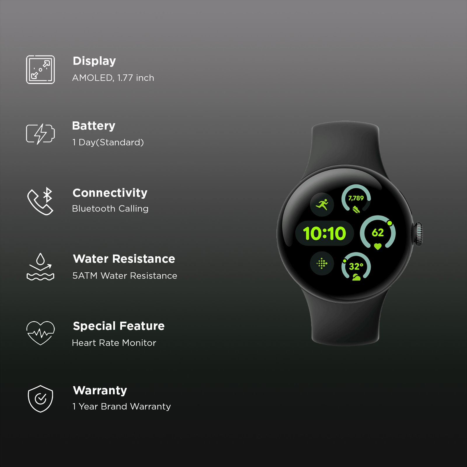 Google Pixel Watch 3 Wi-Fi+Bluetooth Wear OS 5.0 Smartwatch (45mm AMOLED Display, Snapdragon W5 Gen 1 Cortex-M33 co-processor, Fall Detection, Obsidian Active Band)_2