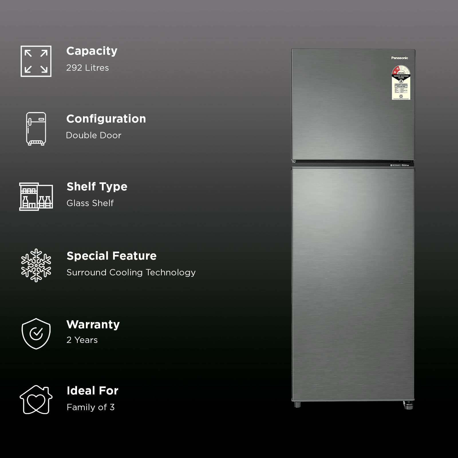 Panasonic TG Series 292 Litres 2 Star Frost Free Double Door Convertible Refrigerator with Surround Cooling Technology (NR-TG337BVHN, Electric Grey)_3