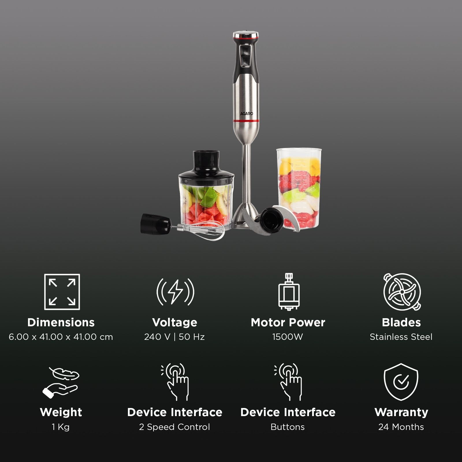 AGARO Royal 1500 Watt 2 Speed Hand Blender with 3 Attachments (Speed Regulator Dial, Silver)_3