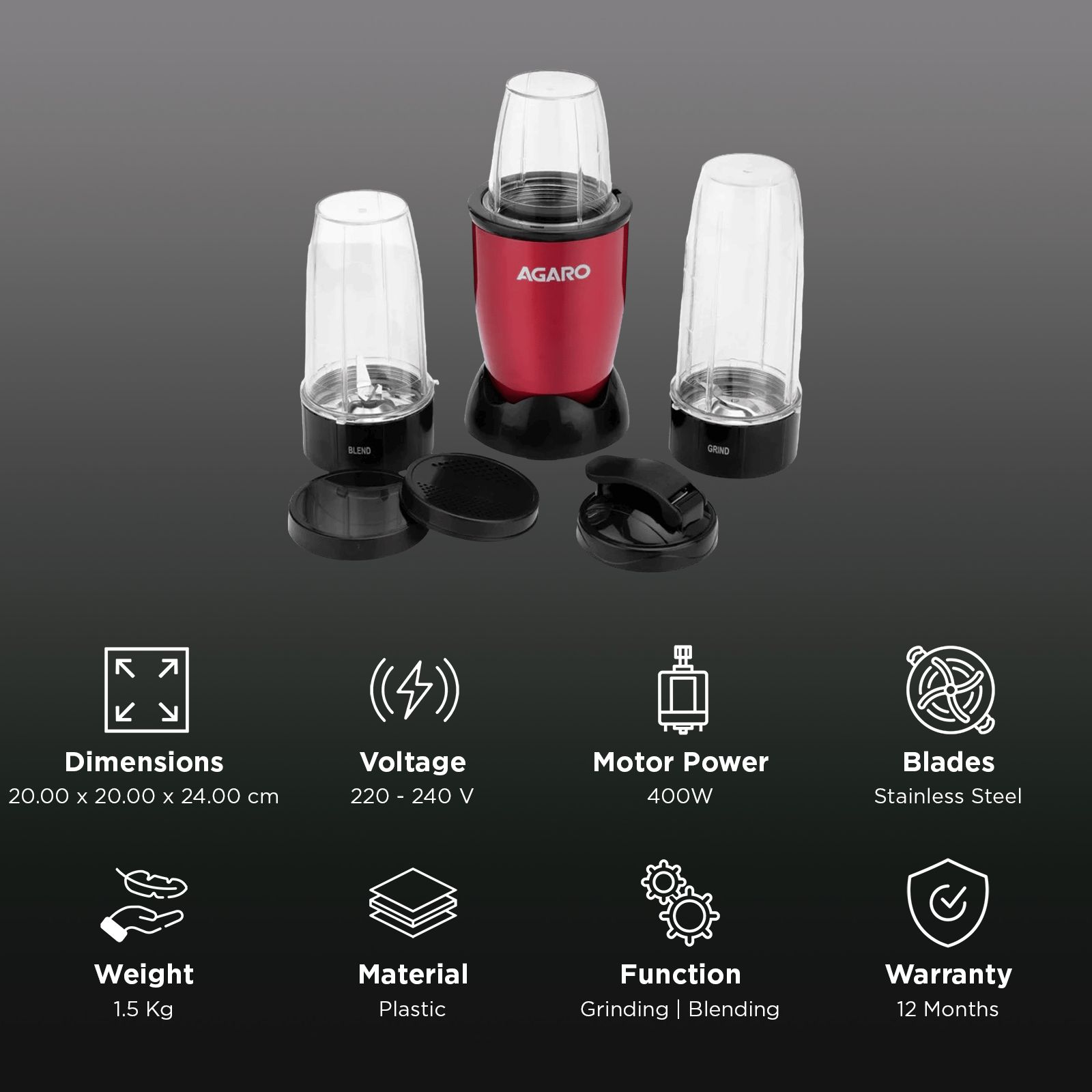 AGARO Regal 400 Watt 3 Jars Mixer Grinder, Juicer Blender (Safety Interlock Mechanism, Red)_3