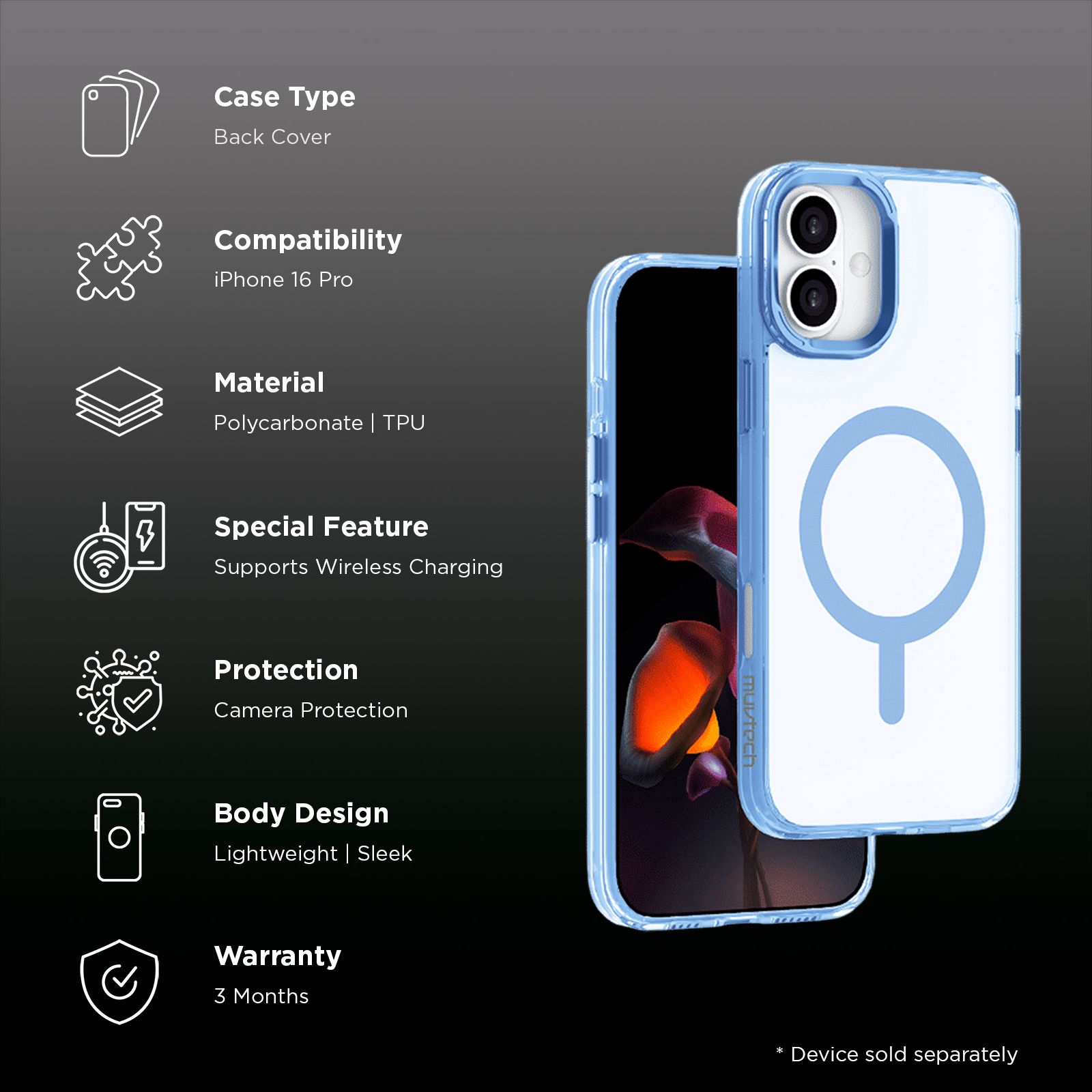 Muvtech Plyo SNAP Series TPU & Polycarbonate Back Cover for Apple iPhone 16 (Wireless Charging Compatible, Blue)_2