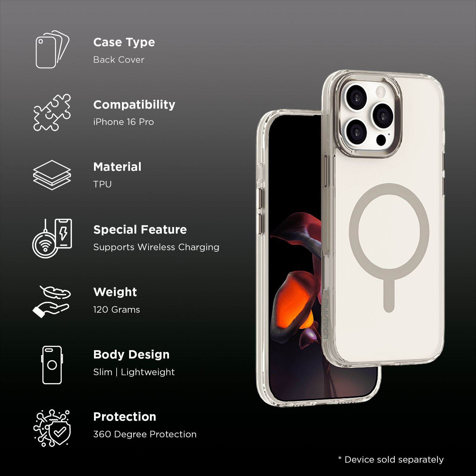 Muvtech Plyo SNAP Series TPU & Polycarbonate Back Cover for Apple iPhone 16 Pro (Wireless Charging Compatible, Titanium)_2