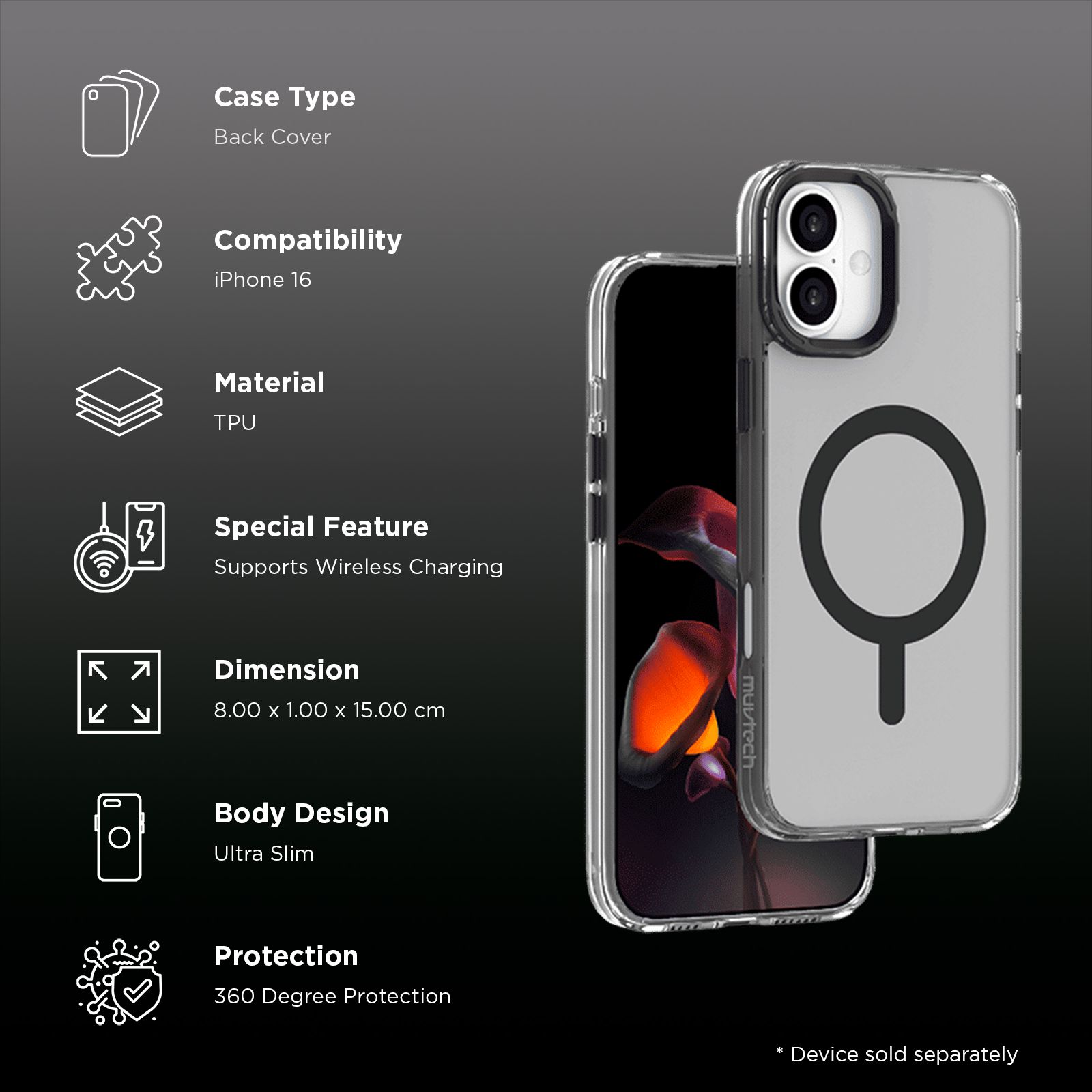 Muvtech YORK SNAP TPU Back Cover for Apple iPhone 16 (Side Airbag Technology, Black)_2