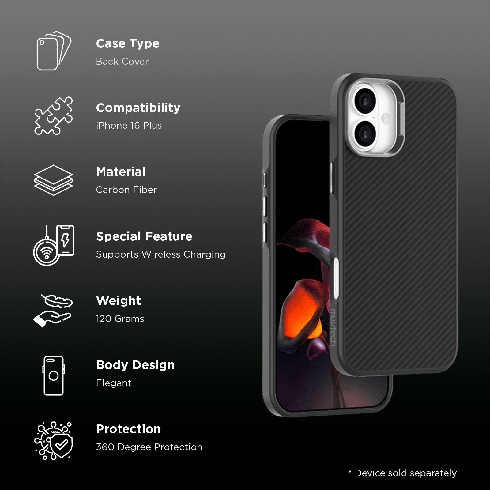 Muvtech CABO Snap Carbon Fiber Back Cover for Apple iPhone 16 Plus (Wireless Charging Compatible, Black)_2