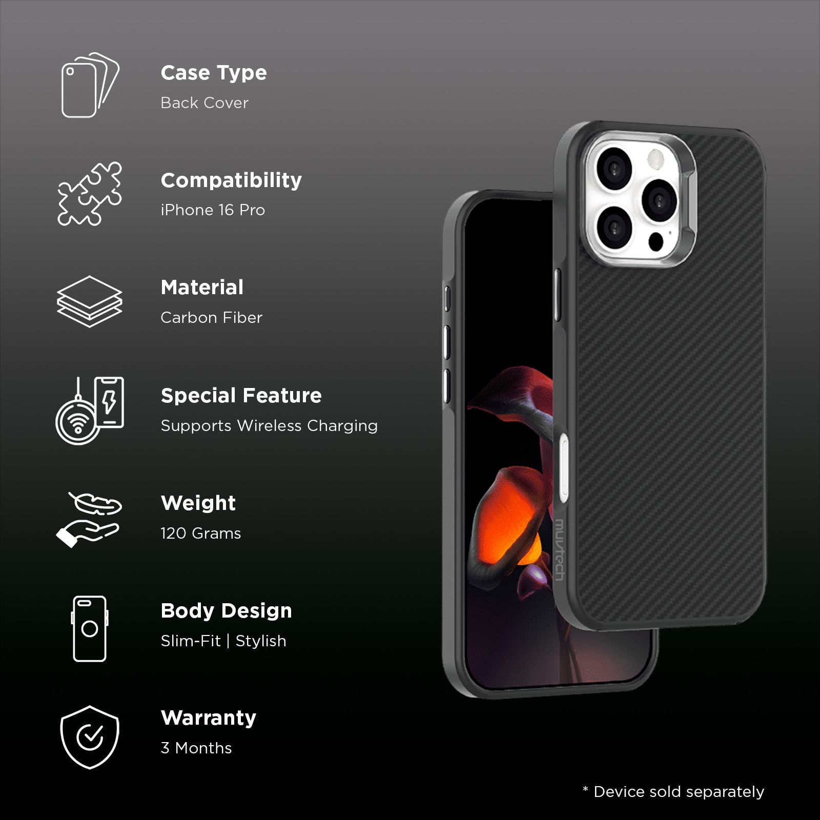 Muvtech CABO Snap Carbon Fiber Back Cover for Apple iPhone 16 Pro (Wireless Charging Compatible, Black)_2