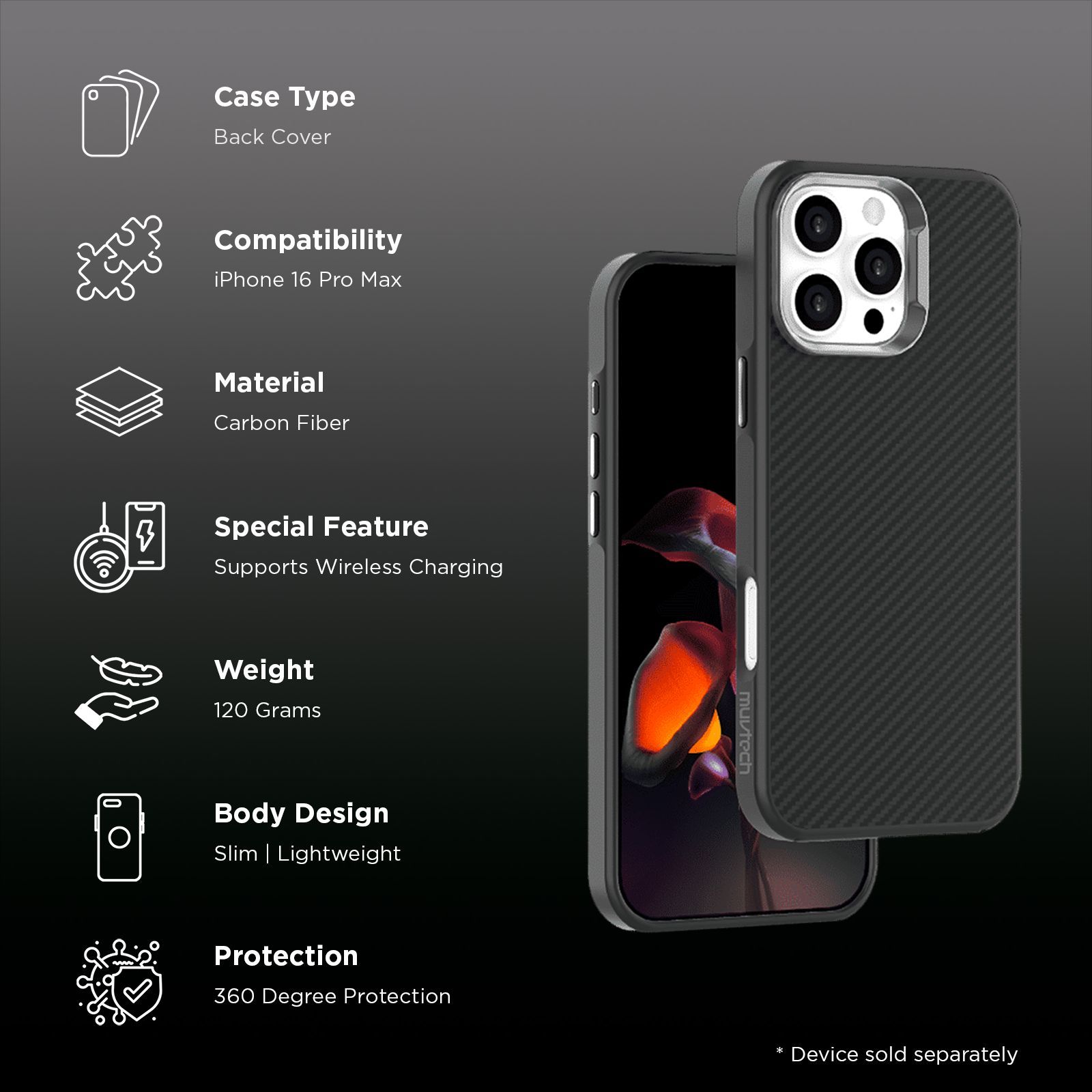 Muvtech CABO Snap Carbon Fiber Back Cover for Apple iPhone 16 Pro Max (Wireless Charging Compatible, Black)_2