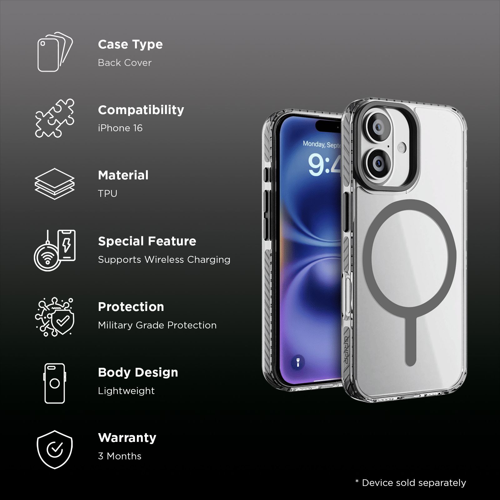 GRIPP Combat Hard TPU & Polycarbonate Back Cover for Apple iPhone 16 (MagSafe Compatible, Grey)_2