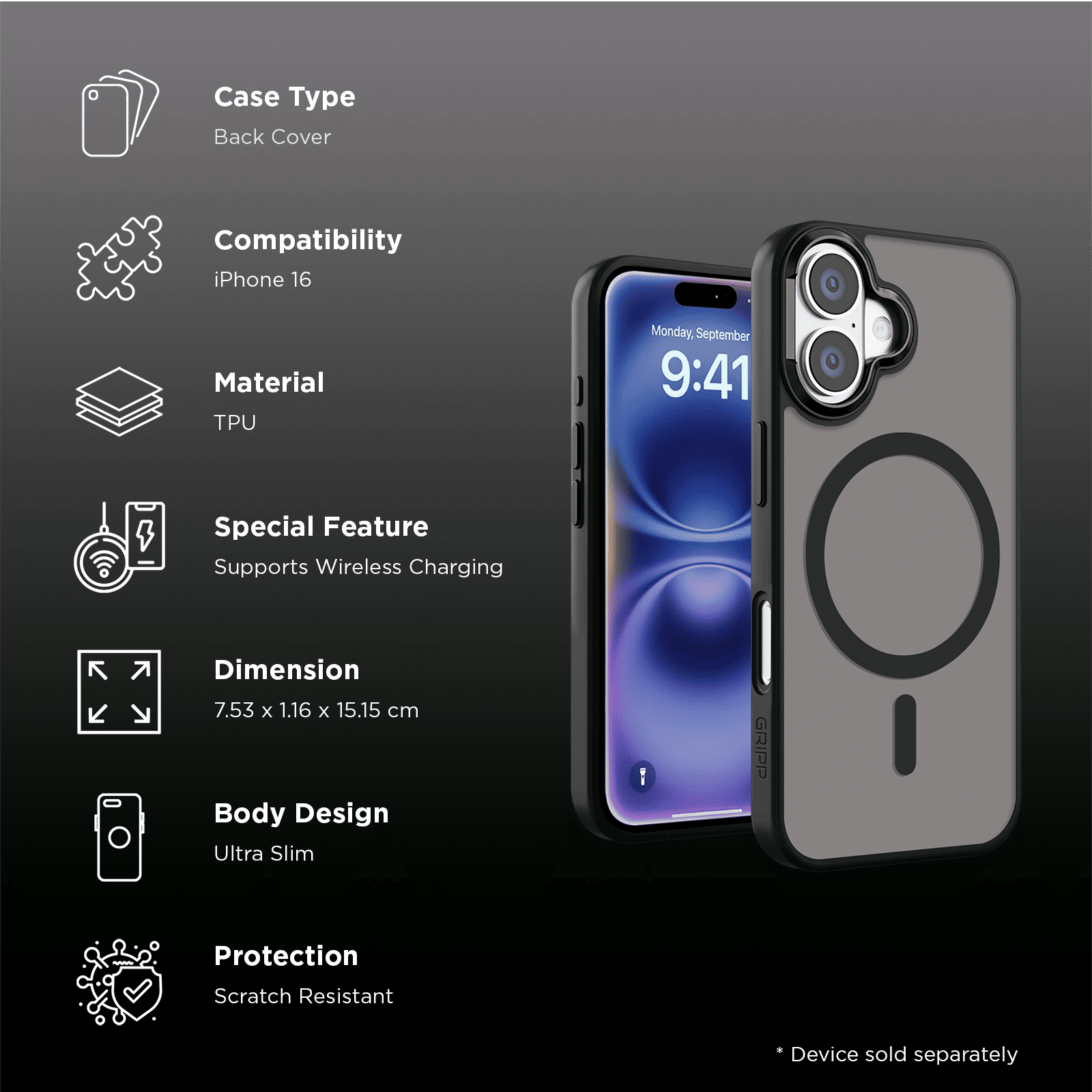 GRIPP Bolt Xtreme Hard & Soft TPU Back Cover for Apple iPhone 16 (MagSafe Compatible, Black)_2