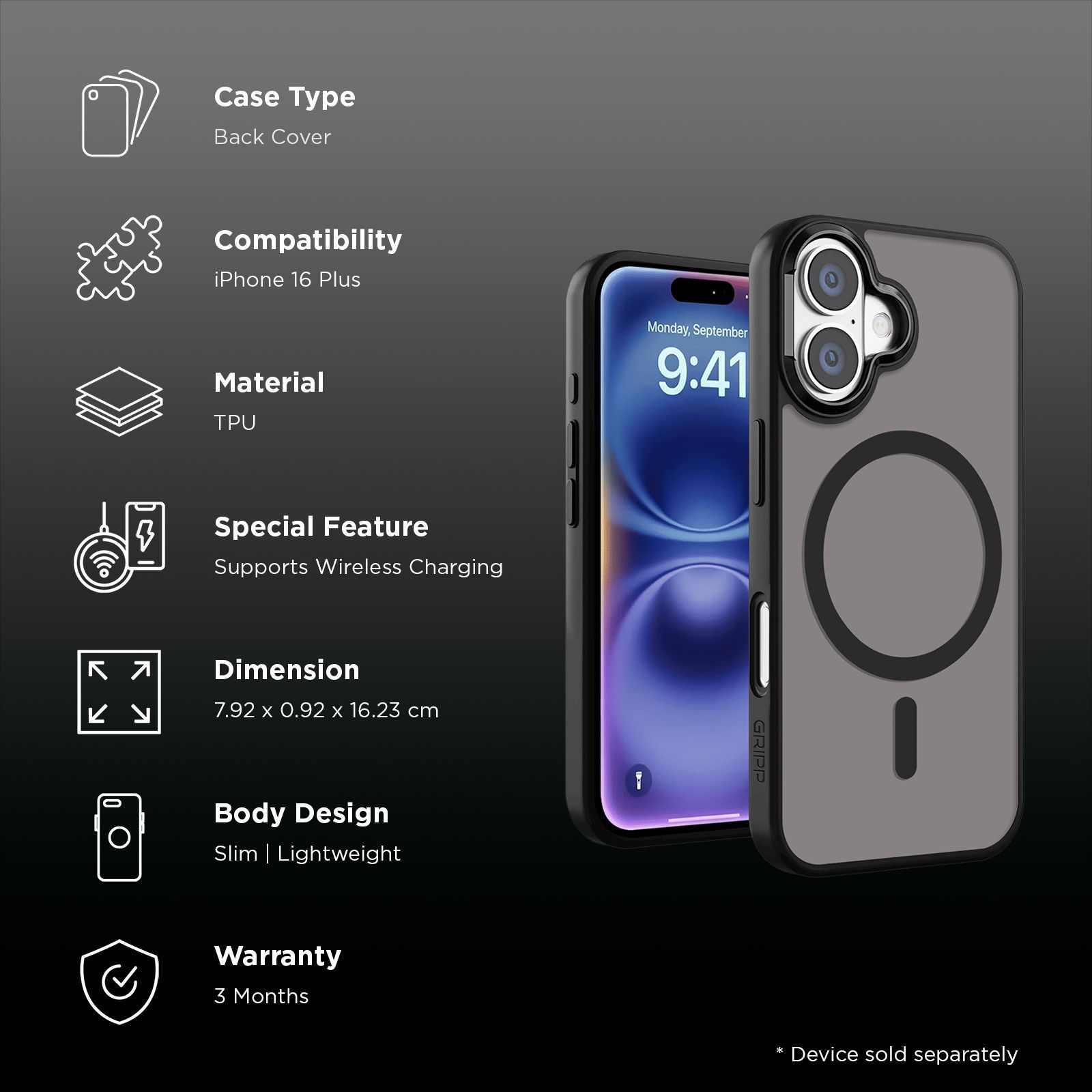 GRIPP Bolt Xtreme Hard & Soft TPU Back Cover for Apple iPhone 16 Plus (MagSafe Compatible, Black)_2