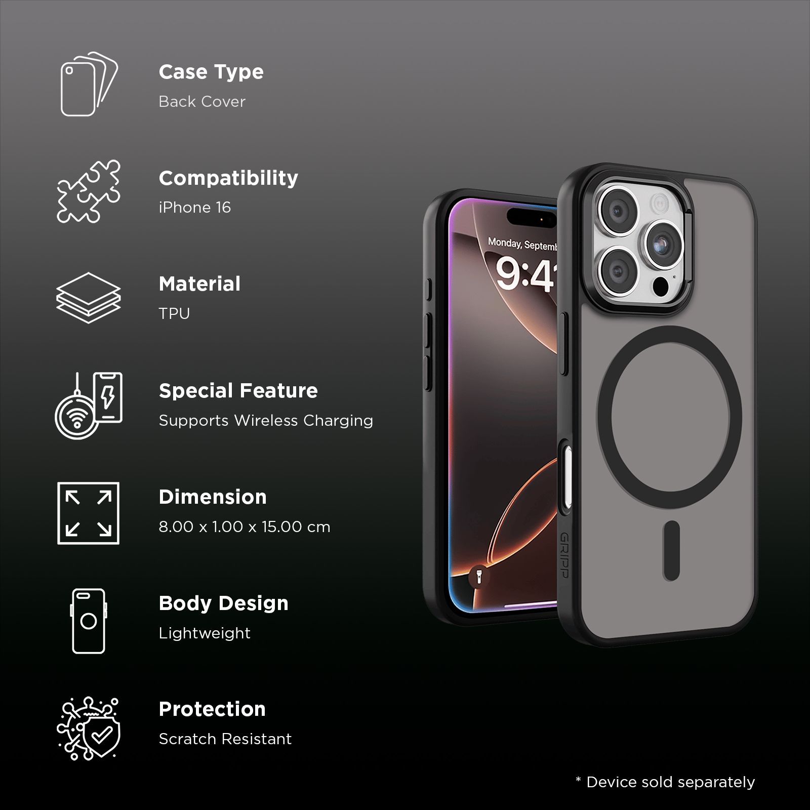 GRIPP Bolt Xtreme Hard & Soft TPU Back Cover for Apple iPhone 16 Pro Max (MagSafe Compatible, Black)_2