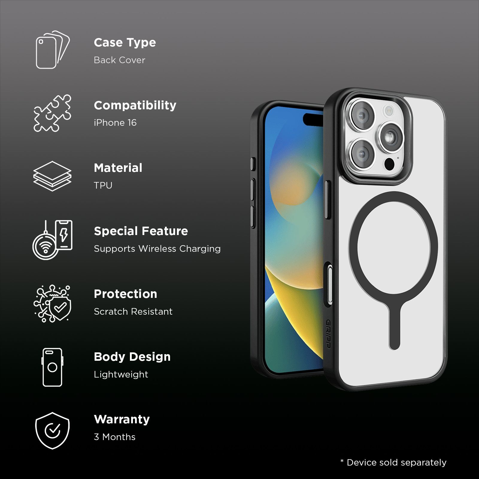 GRIPP Clarion Hard & Soft TPU & Polycarbonate Back Cover for Apple iPhone 16 Pro (MagSafe Compatible, Black)_2