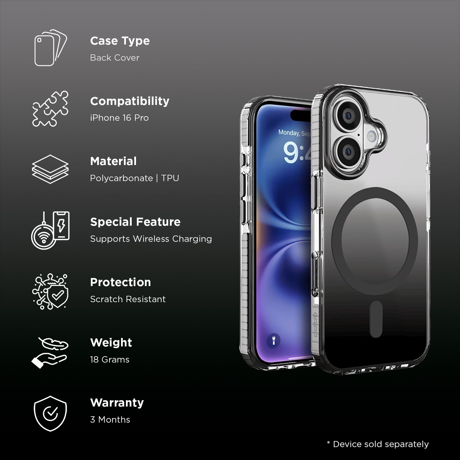 GRIPP Dusk TPU & Polycarbonate Back Cover for Apple iPhone 16 (MagSafe Compatible, Black)_2