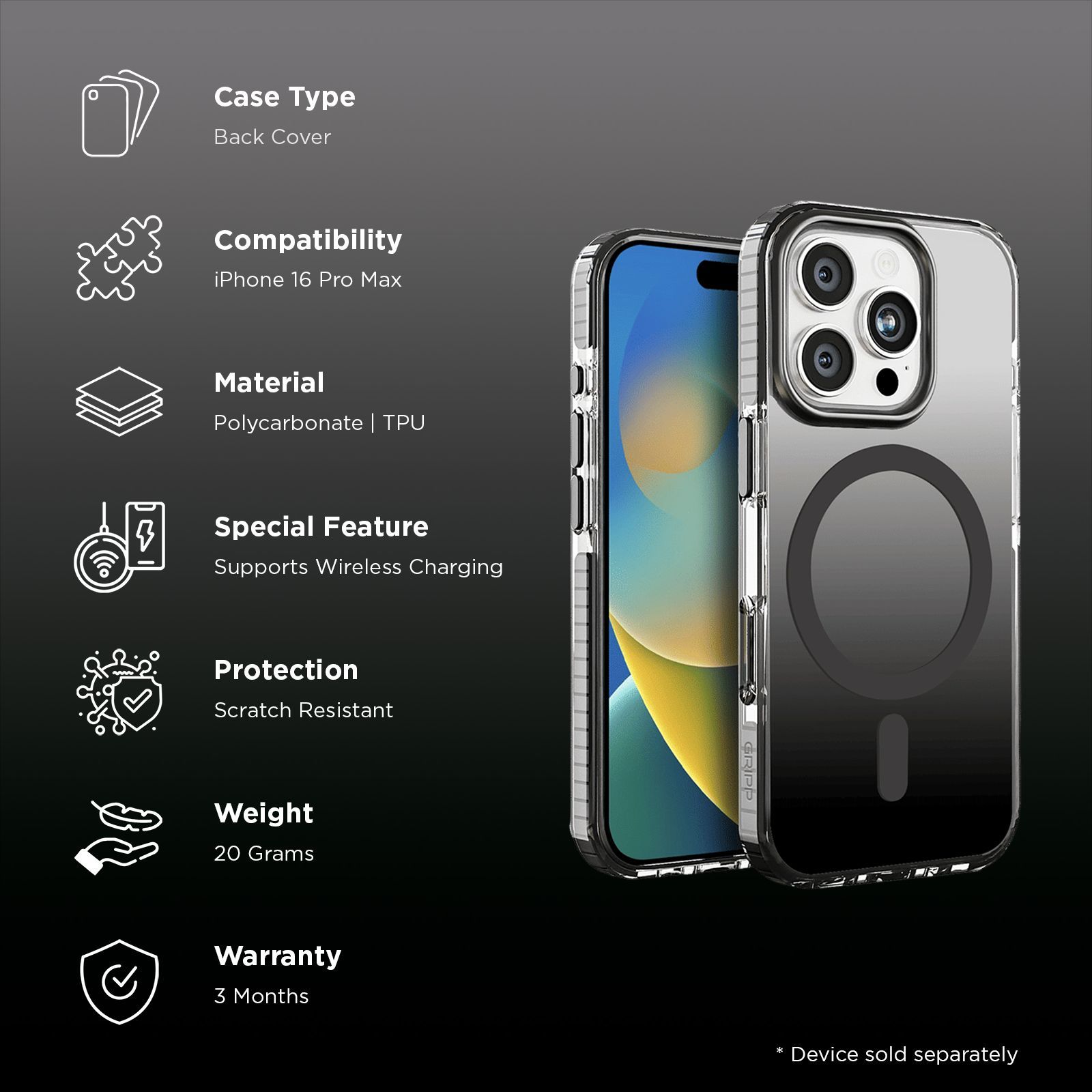 GRIPP Dusk TPU & Polycarbonate Back Cover for Apple iPhone 16 Pro (MagSafe Compatible, Black)_2