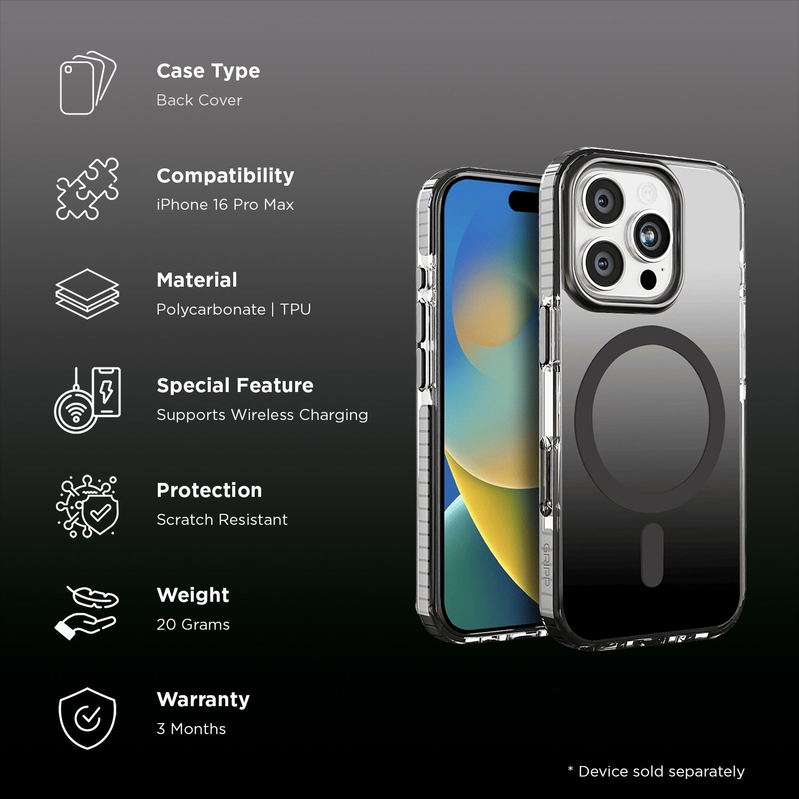 GRIPP Dusk TPU & Polycarbonate Back Cover for Apple iPhone 16 Pro Max (MagSafe Compatible, Black)_2