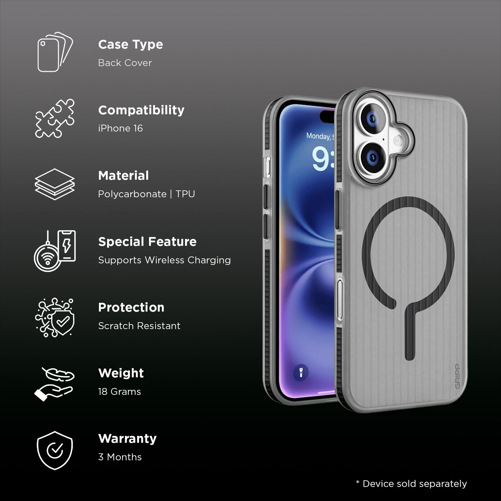 GRIPP Slimfit TPU Back Cover for Apple iPhone 16 (MagSafe Charging Support, Black)_2