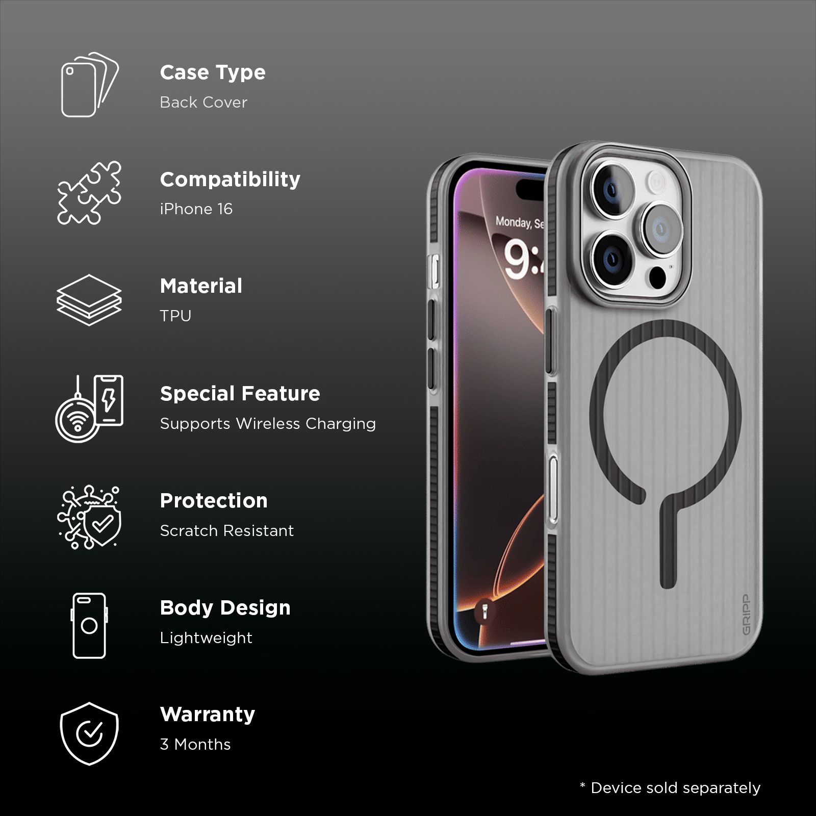 GRIPP Slimfit TPU Back Cover for Apple iPhone 16 Pro (MagSafe Charging Support, Black)_2