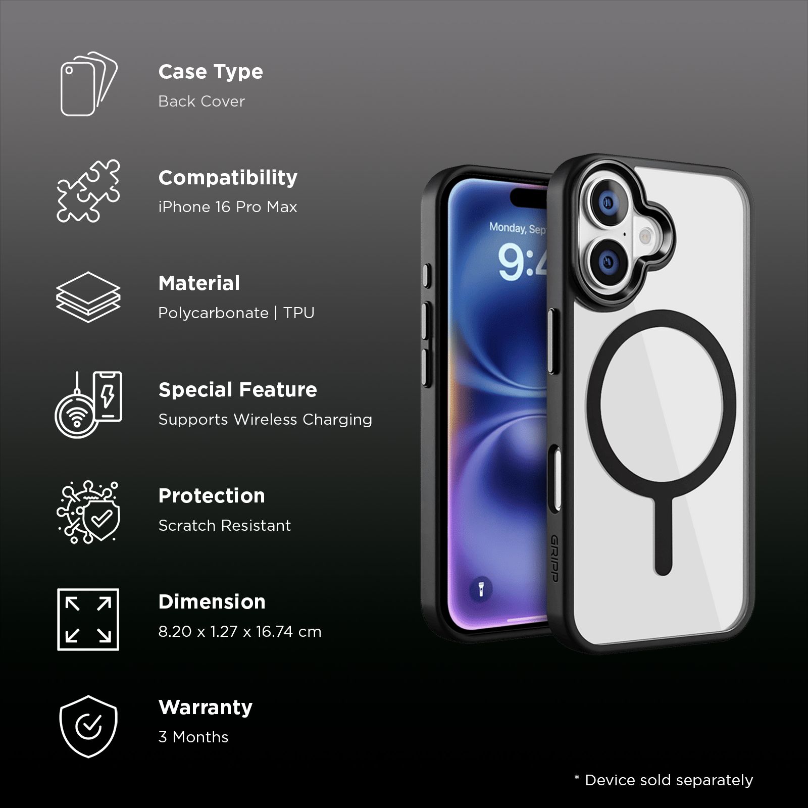 GRIPP Clarion Hard & Soft TPU & Polycarbonate Back Cover for Apple iPhone 16 Plus (MagSafe Compatible, Black)_2