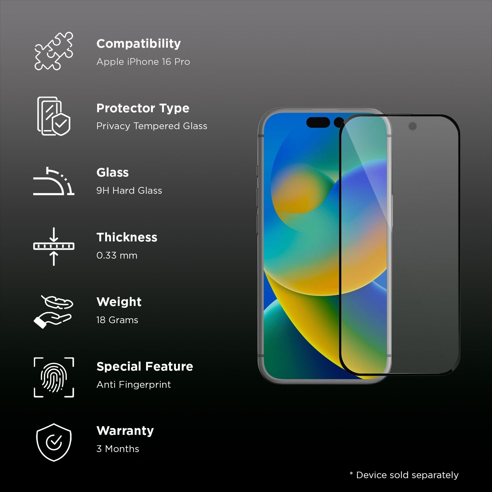 GRIPP Privacy Tempered Glass for Apple iPhone 16 Pro (9H Hardness Scratch Resistant)_3