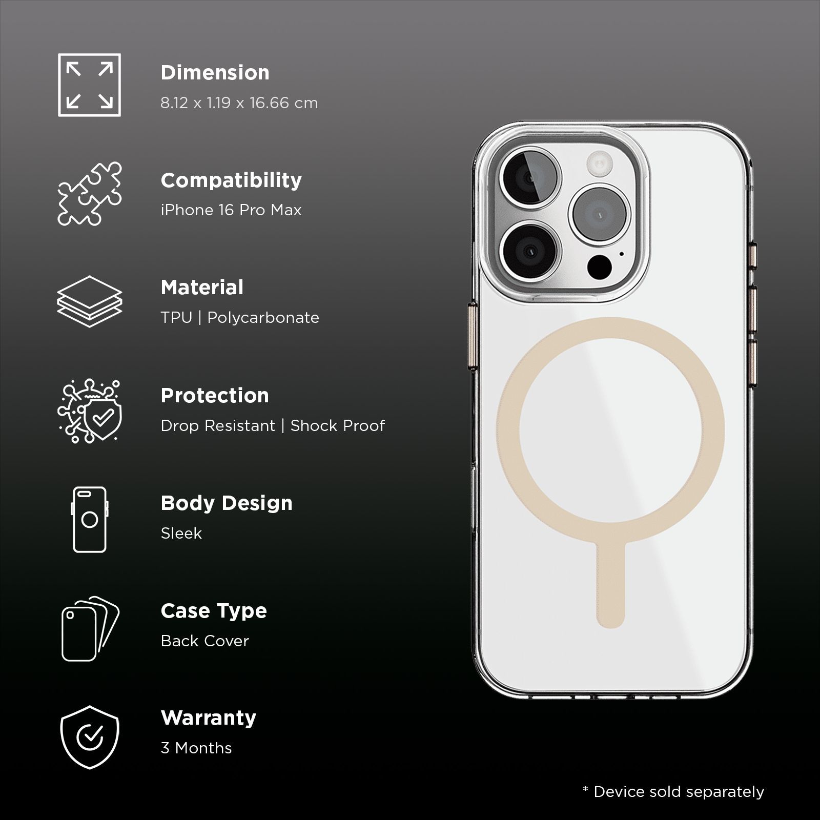 GRIPP Clear Xtreme TPU & Polycarbonate Back Cover for Apple iPhone 16 Pro Max (6 Feet Drop Protection with D3O Technology, Rose Gold)_2