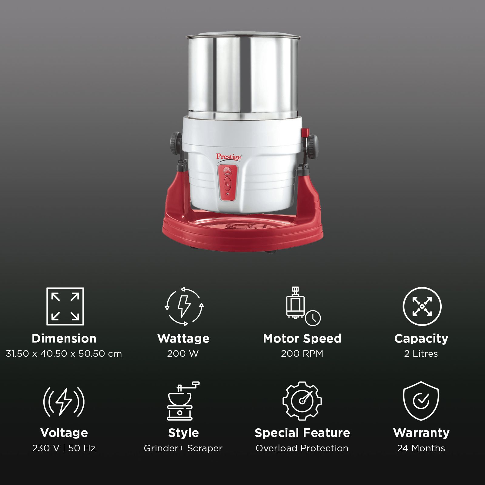 Prestige PWG 01 2 Litres Wet Grinder with Coconut Scrapper & Atta Kneader (Tilting Drum, White and Red)_3