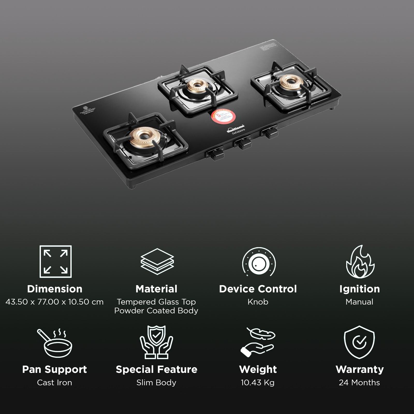 Sunflame Solitaire Tempered Glass Top 3 Burner Manual Gas Stove (Forged Brass Burners, Black)_3