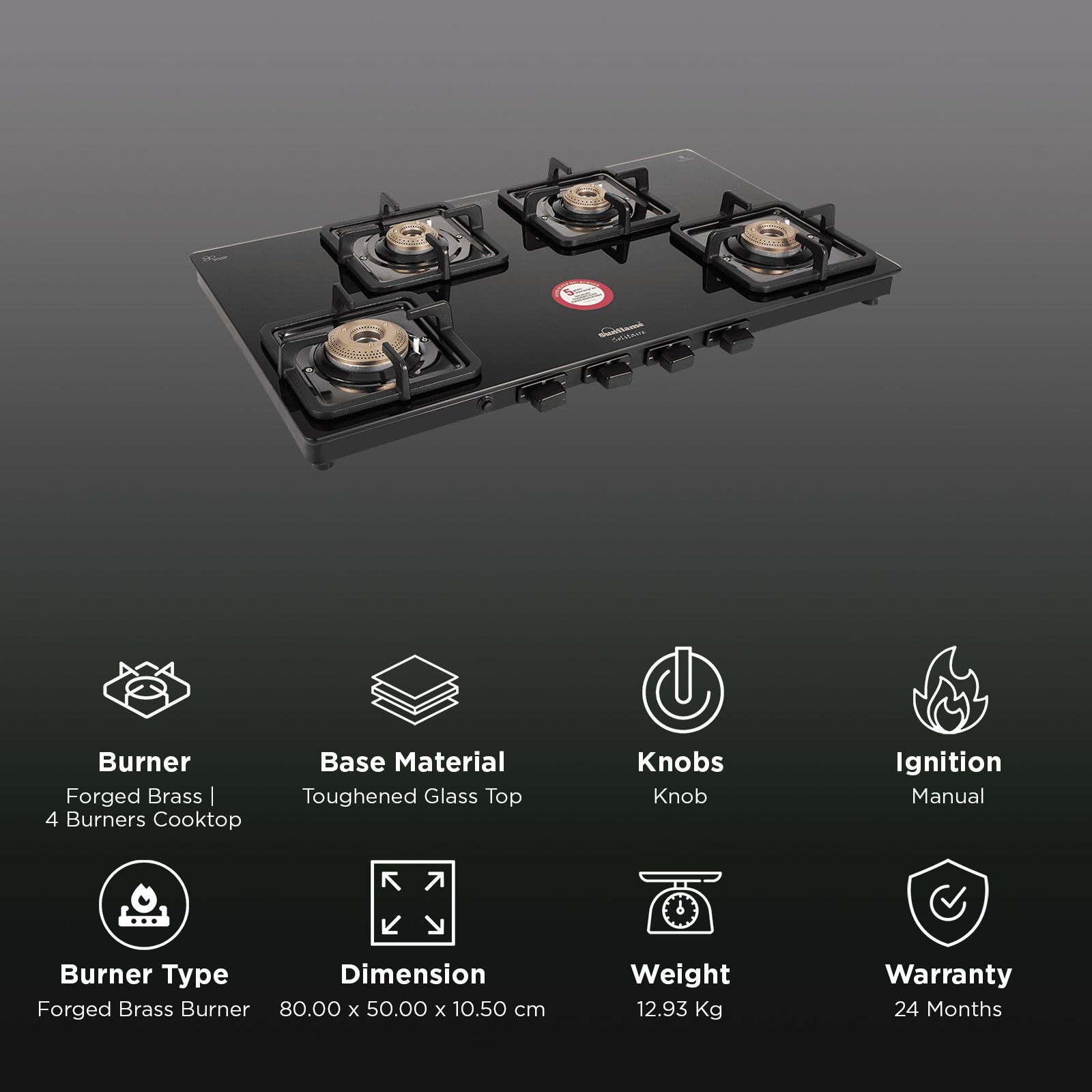 Sunflame Solitaire Tempered Glass Top 4 Burner Manual Gas Stove (Cast Iron Pan Support, Black)_3