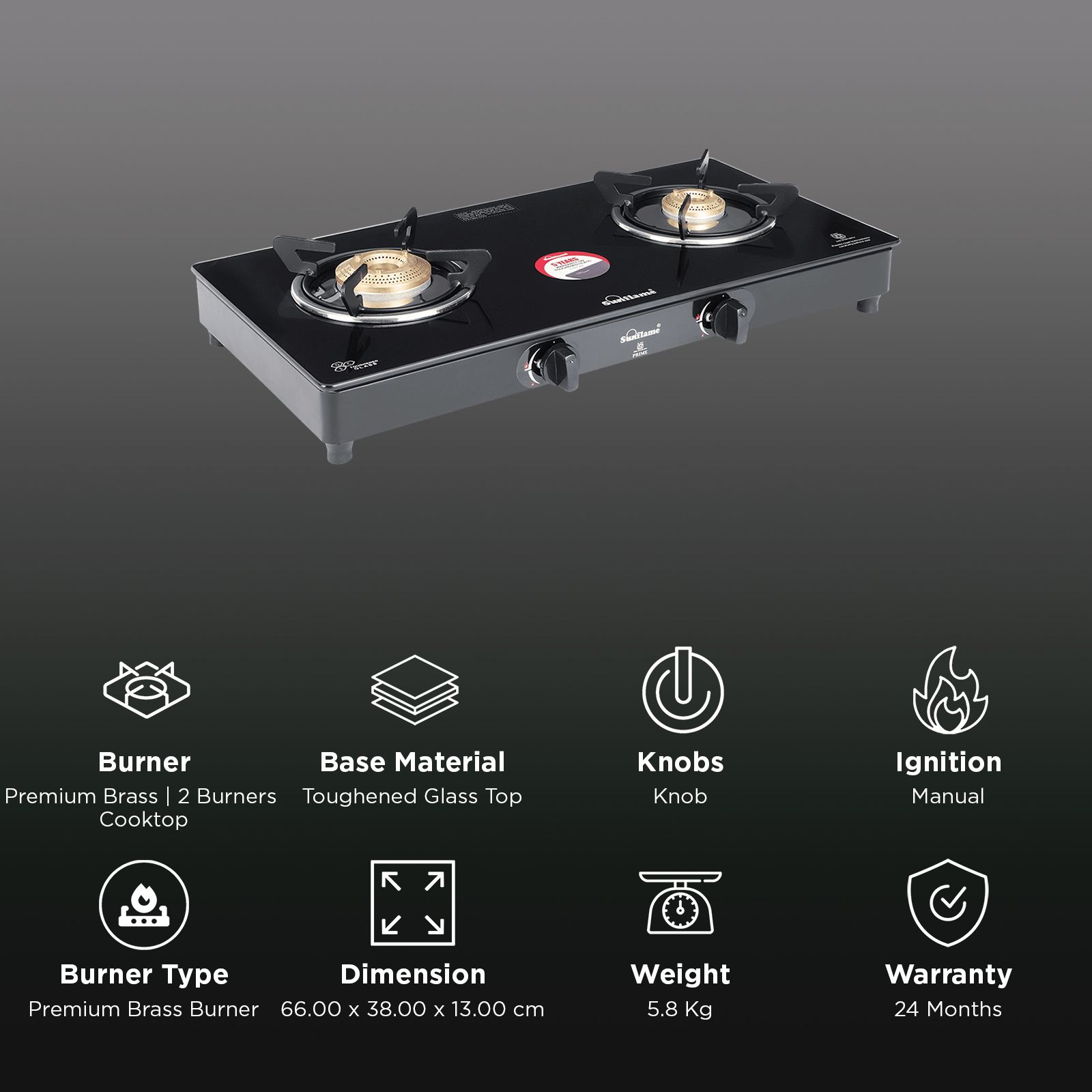 Sunflame Prime Toughened Glass Top 2 Burner Manual Gas Stove (ISI Certified, Black)_3