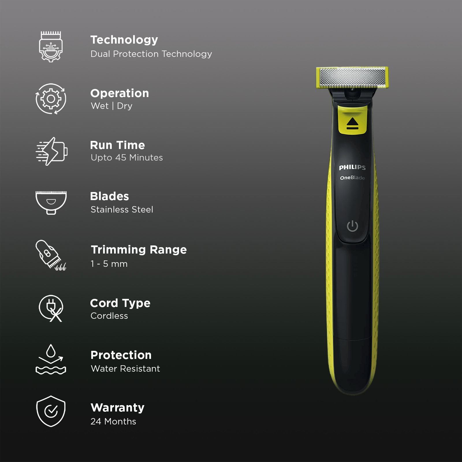 PHILIPS OneBlade Rechargeable Cordless Wet & Dry Trimmer for Beard & Moustache with 3 Length Settings for Men (45mins Runtime, Dual Protection Technology, Green)_3