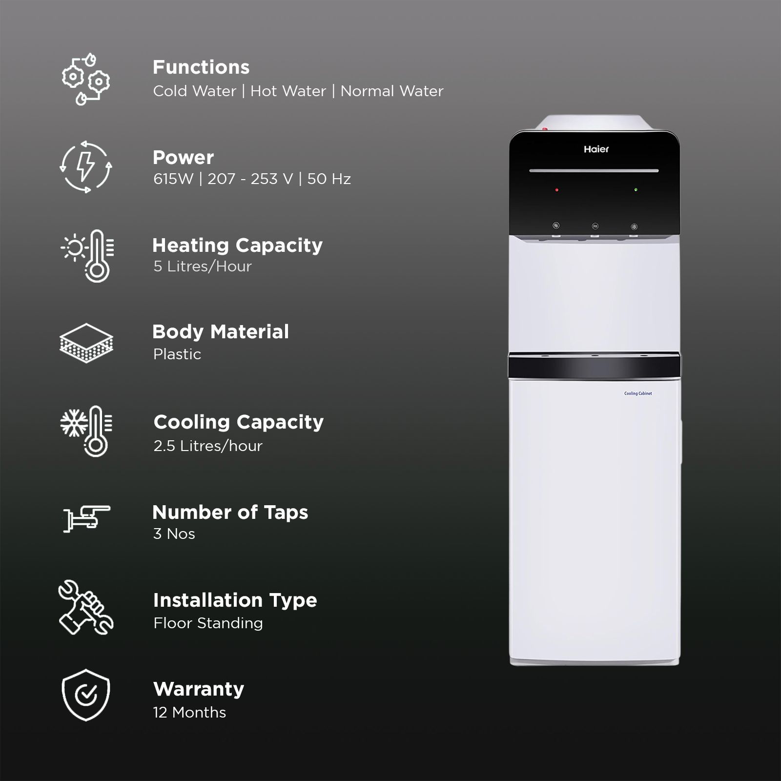 Haier HWD-3MPFS Hot, Cold & Normal Top Load Water Dispenser (Black & White)_3