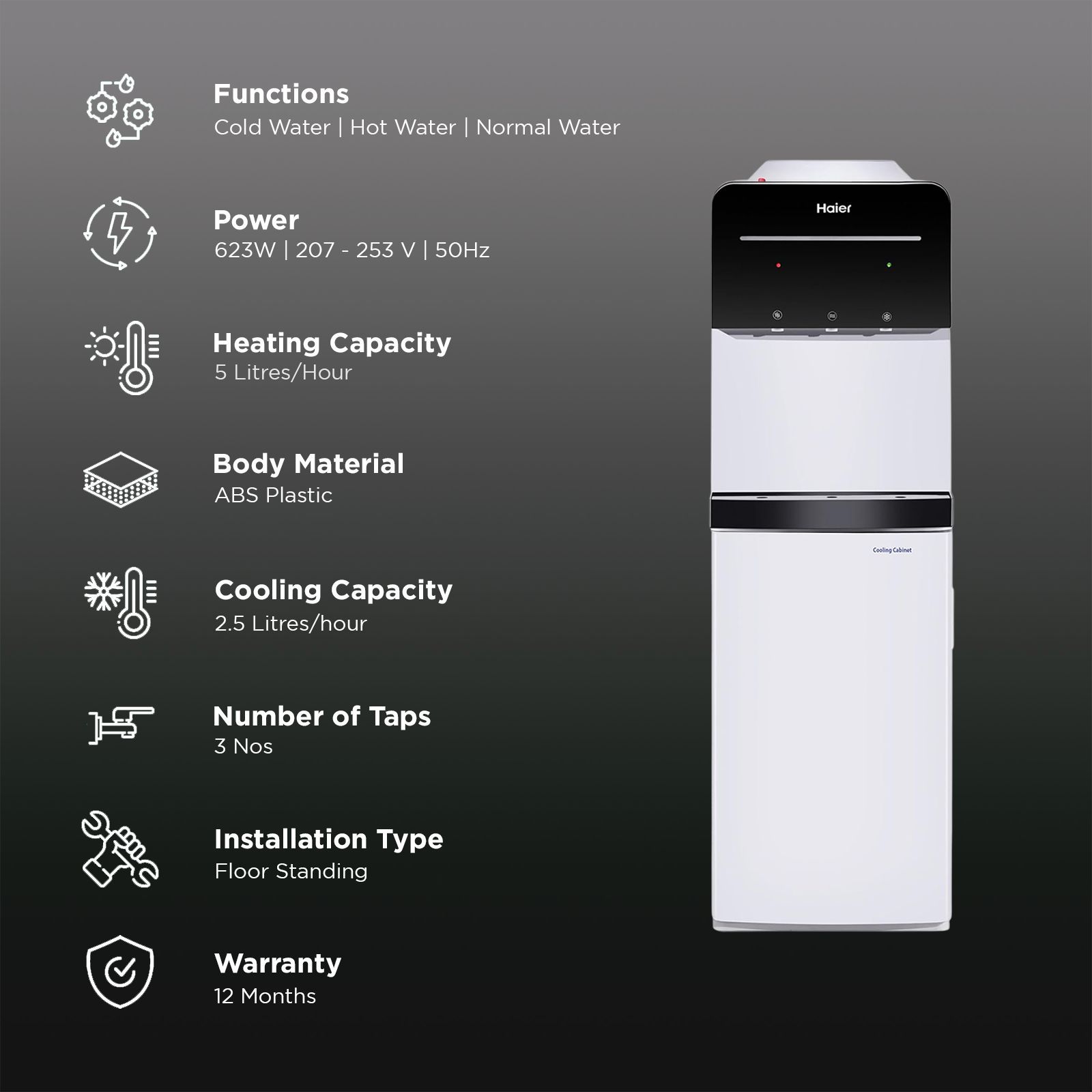 Haier HWD-3MPFMR Hot, Cold & Normal Top Load Water Dispenser (Black & White)_3