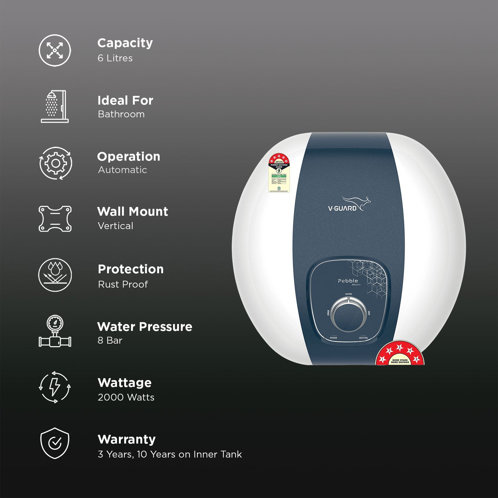 V-GUARD Pebble Metro 6 Litre 5 Star Vertical Storage Geyser with Energy Saving Technology (White) V-GUARD Pebble Metro 6 Litre 5 Star Vertical Storage Geyser with Energy Saving Technology (White)_3