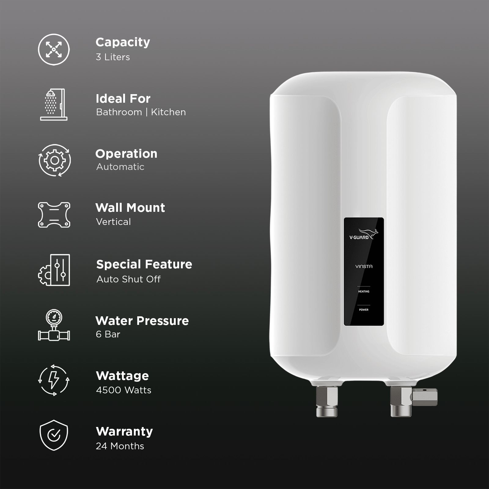 V-GUARD Vinsta 3 Litre 5 Star Vertical Instant Geyser with ISI Mark Heating element (White)_3