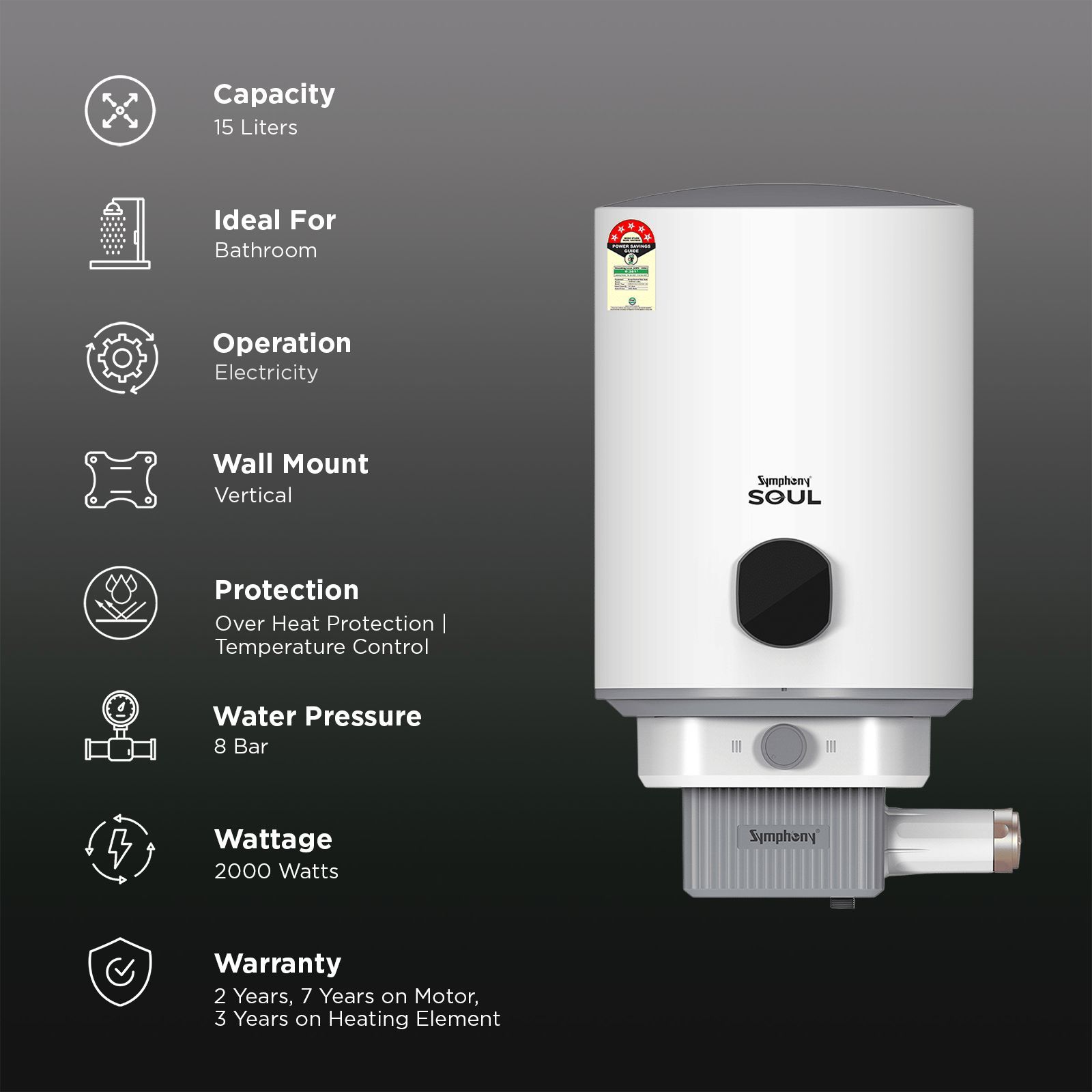 Symphony Soul 15 Litre 5 Star Vertical Storage Geyser with Hair Fall Control (White & Grey)_3