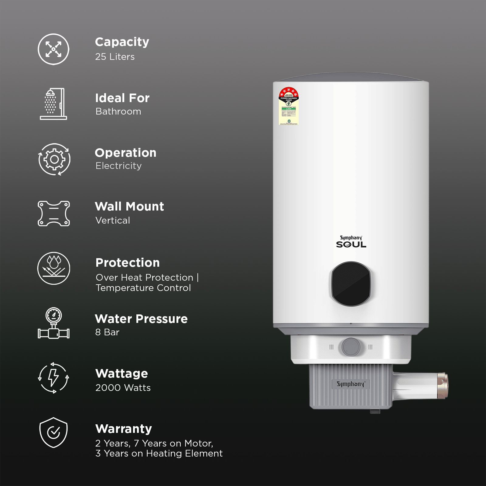Symphony Soul 25 Litre 5 Star Vertical Storage Geyser with Hair Fall Control (White & Grey)_3