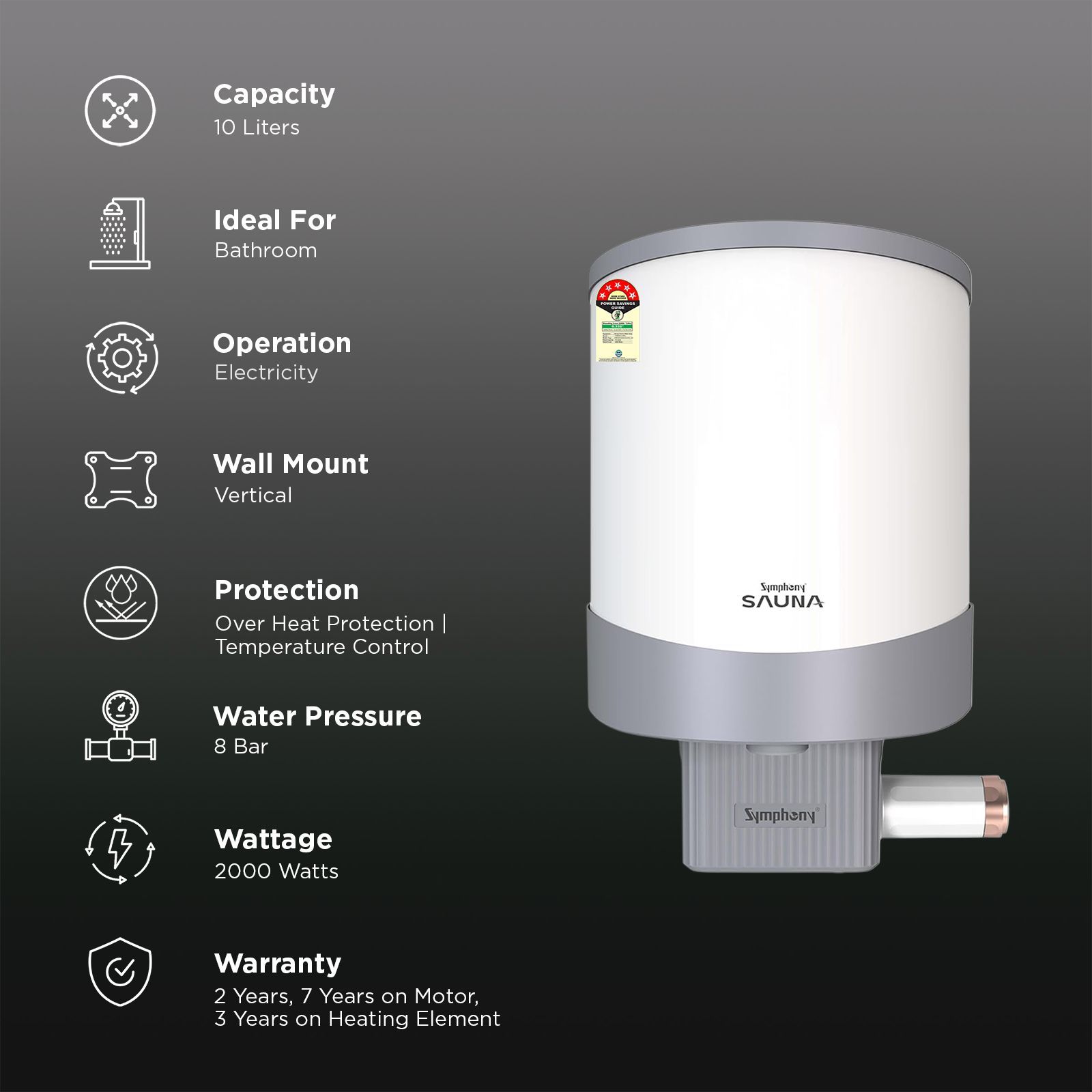 Symphony Sauna 10 Litre 5 Star Vertical Storage Geyser with Hair Fall Control (White & Grey)_3