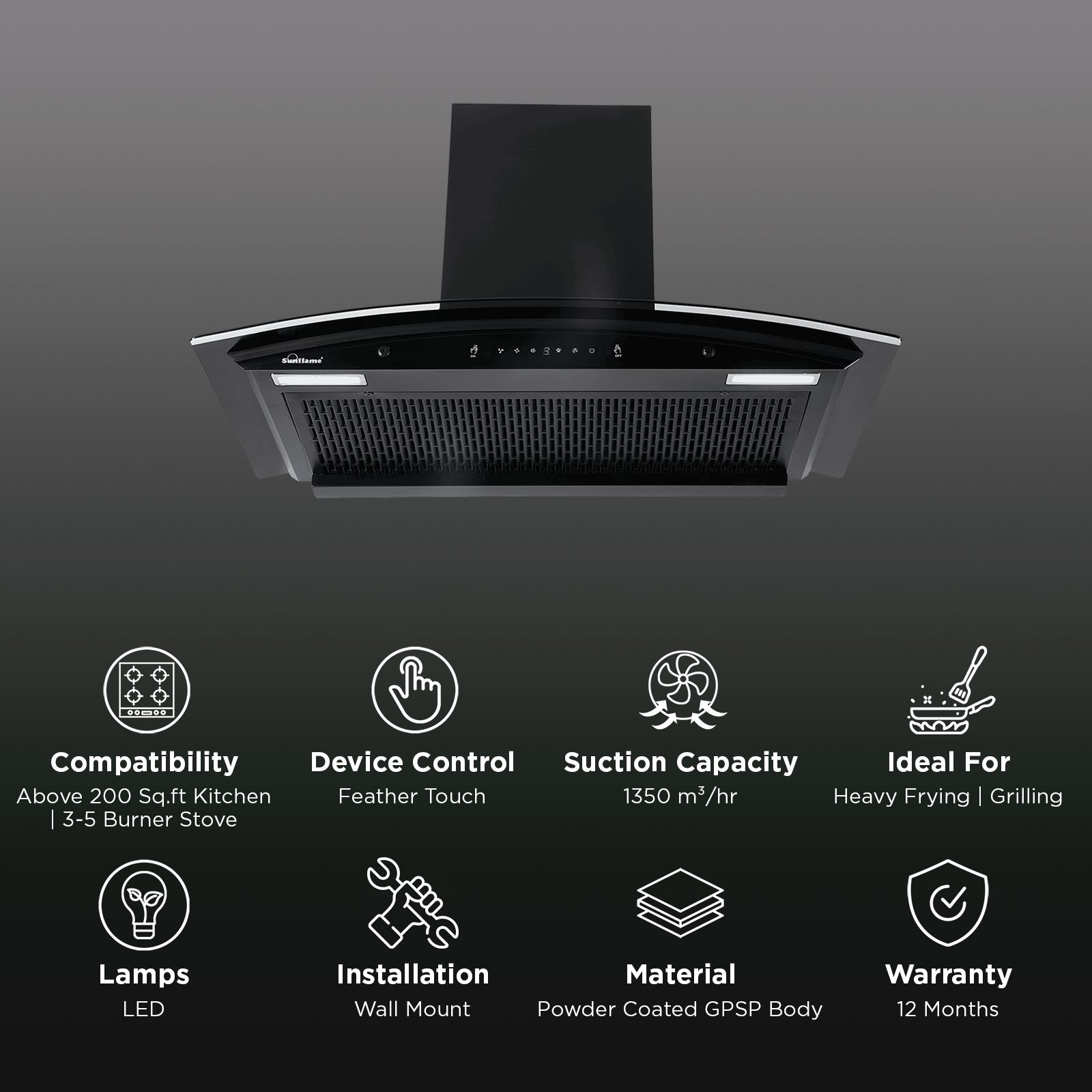 Sunflame Genial 90cm 1350m3/hr Ducted Auto Clean Wall Mounted Chimney with Motion Sensor Control (Black)_3