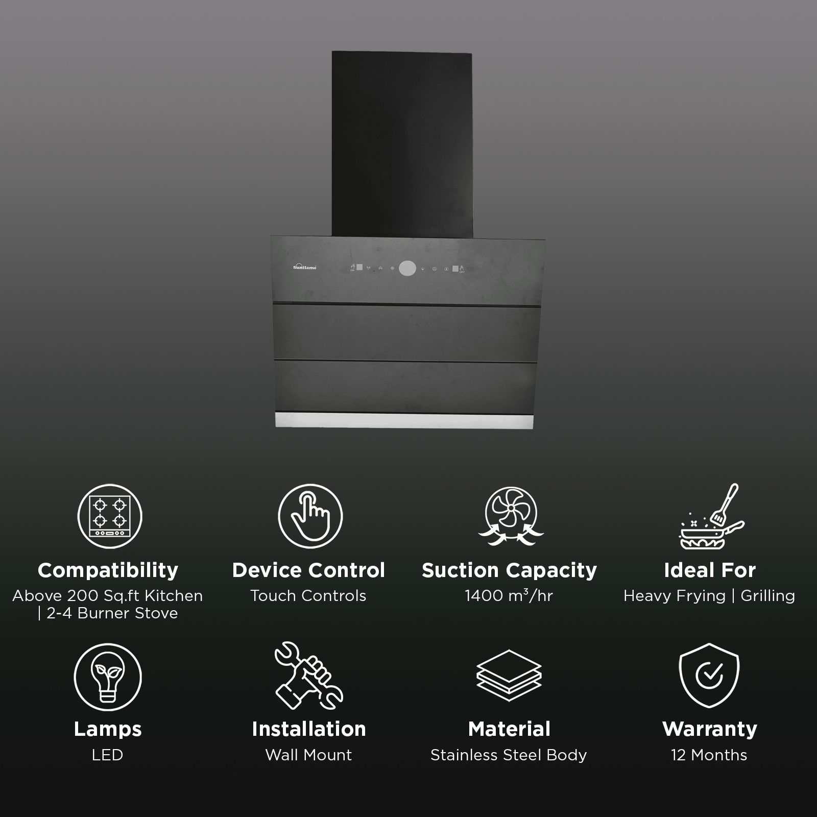 Sunflame Tranquilo 60cm 1400m³/hr Ducted Auto Clean Wall Mounted Chimney with Motion Sensor (Black)_3