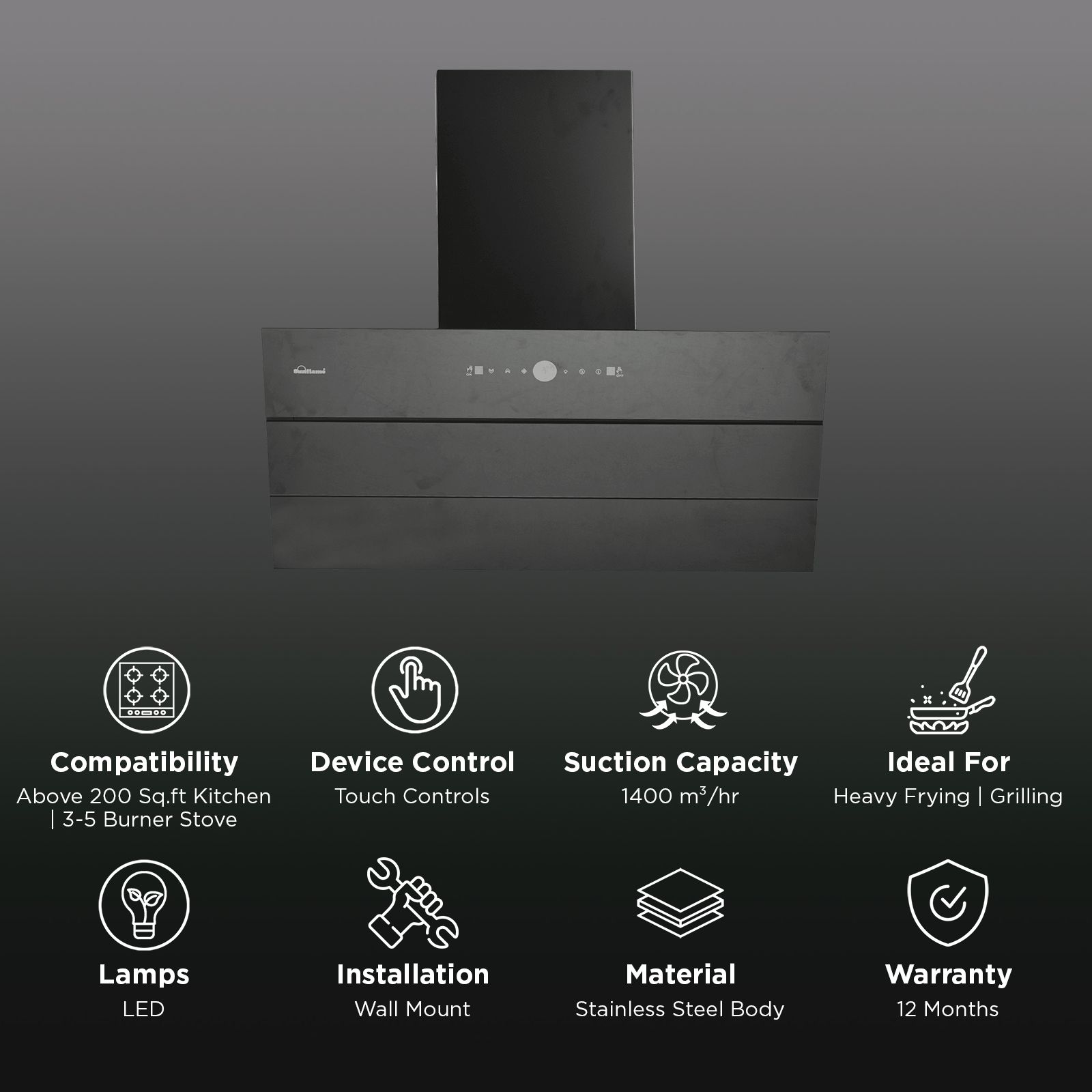 Sunflame Tranquilo 90cm 1400m³/hr Ducted Auto Clean Wall Mounted Chimney with Motion Sensor (Black)_3