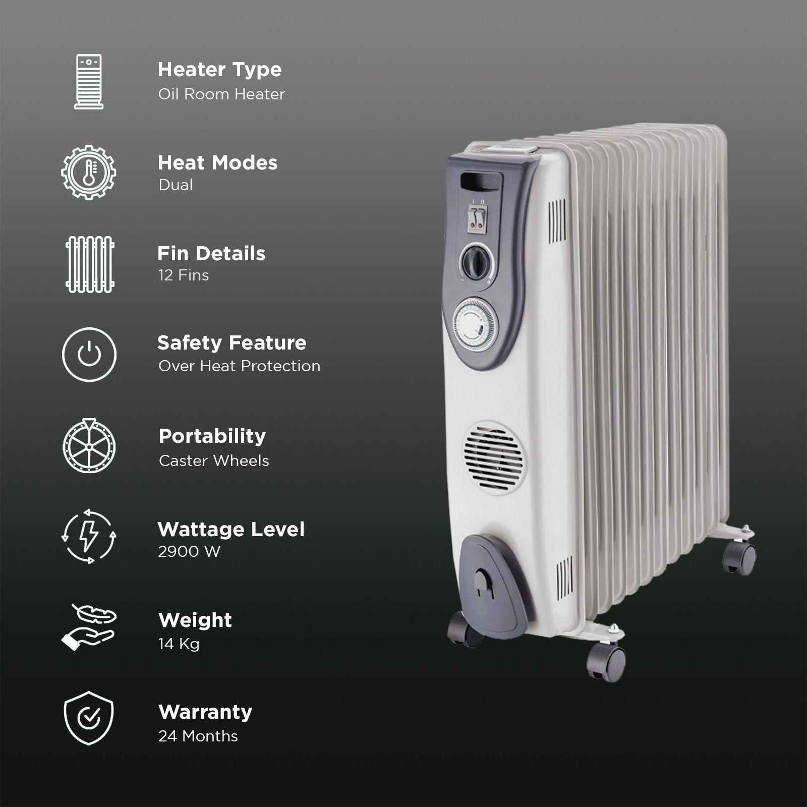 Russell Hobbs ROR12XLTF 2900W Oil Filled Radiator Room Heater with 12 Fins (24 Hour Adjustable Timer_3
