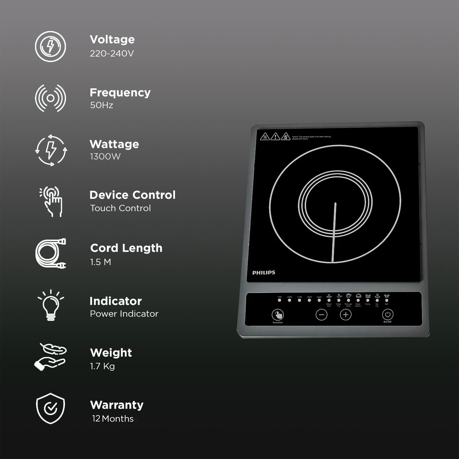 PHILIPS 1300W Induction Cooktop with 7 Preset Menus _3