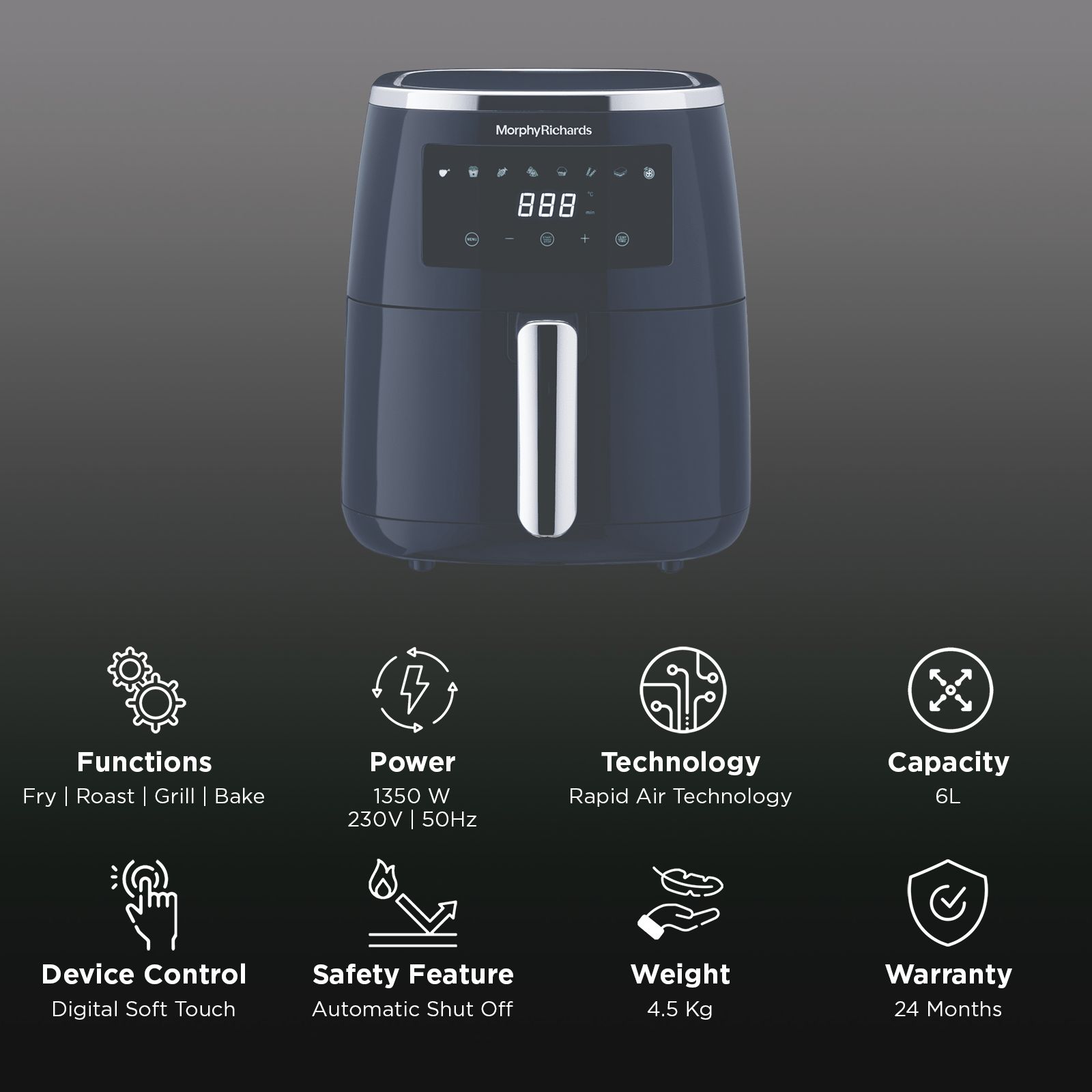 morphy richards Crisp Pro 5L 1500 Watt Digital Air Fryer with 8 Preset Menus (Navy Blue)_3