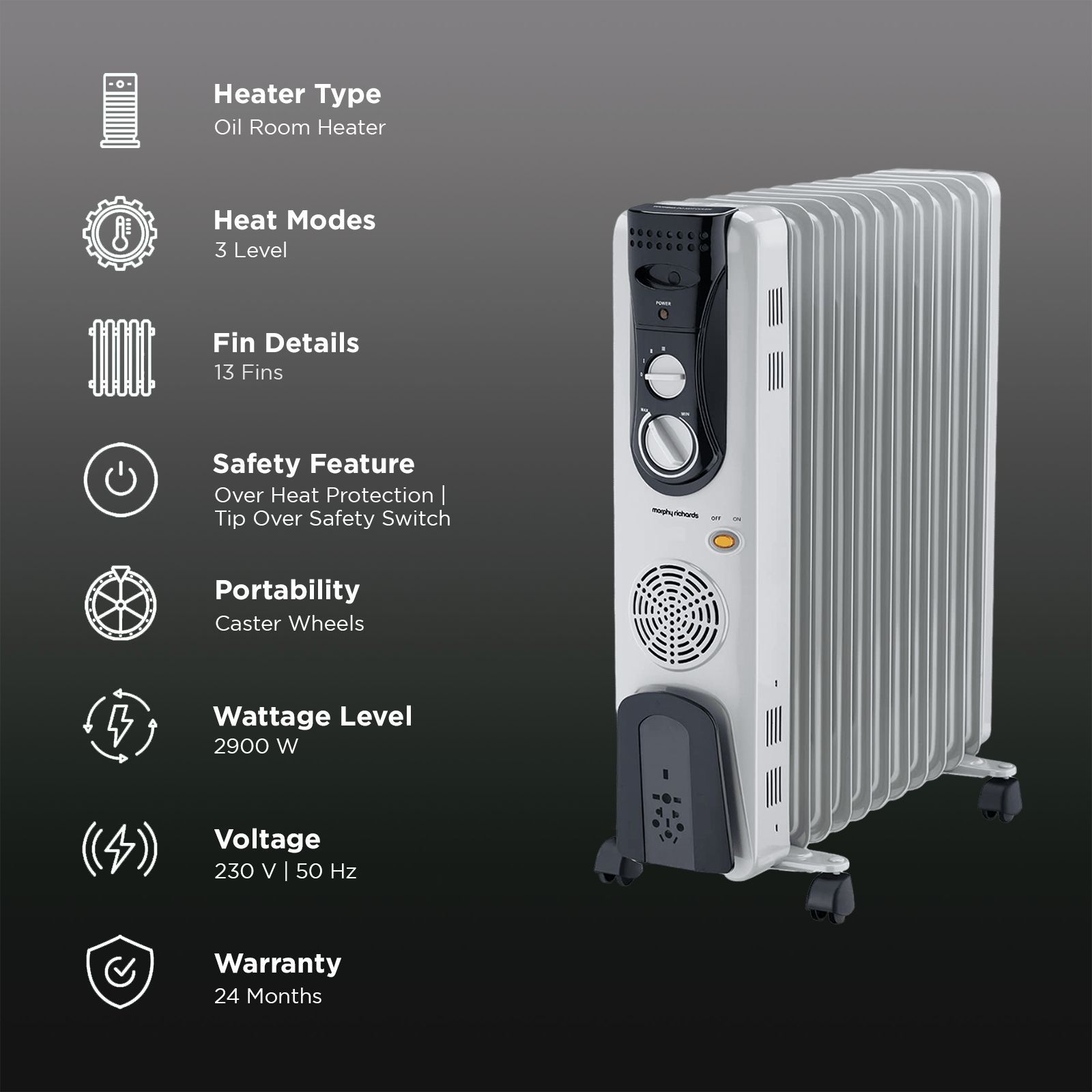 morphy richards 2900W Oil Filled Radiator Room Heater with 13 Fins (Adjustable Thermostat_3